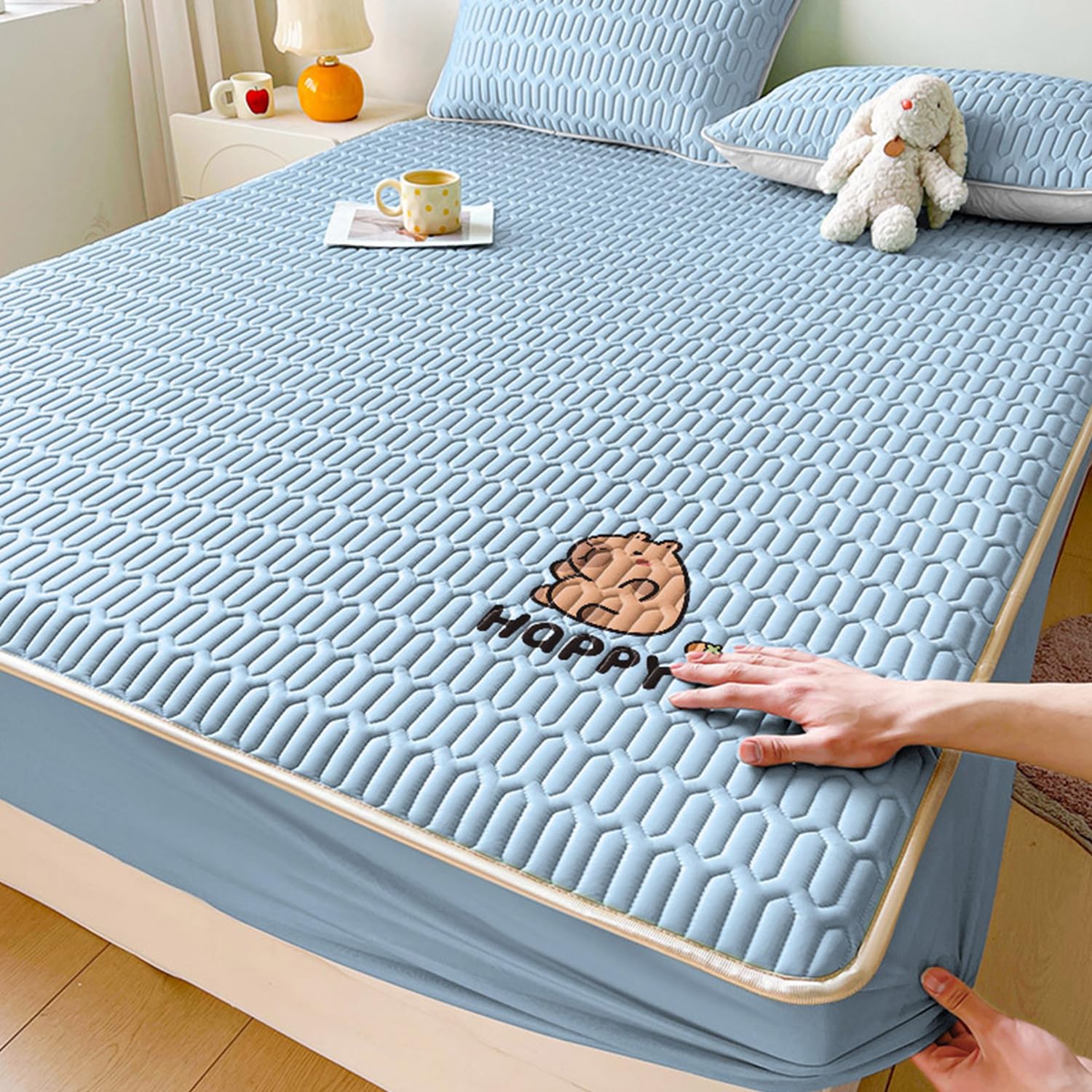 LDLCYCN Blue/B,150 * 200cm(QUEEN), Cooling Latex Mattress Protector Queen/King Size Quilted Fitted Sheet Ice Silk Mattress Cover Soft Dustproof Bed Cover with Elastic Band Full Wrap 360° Washable