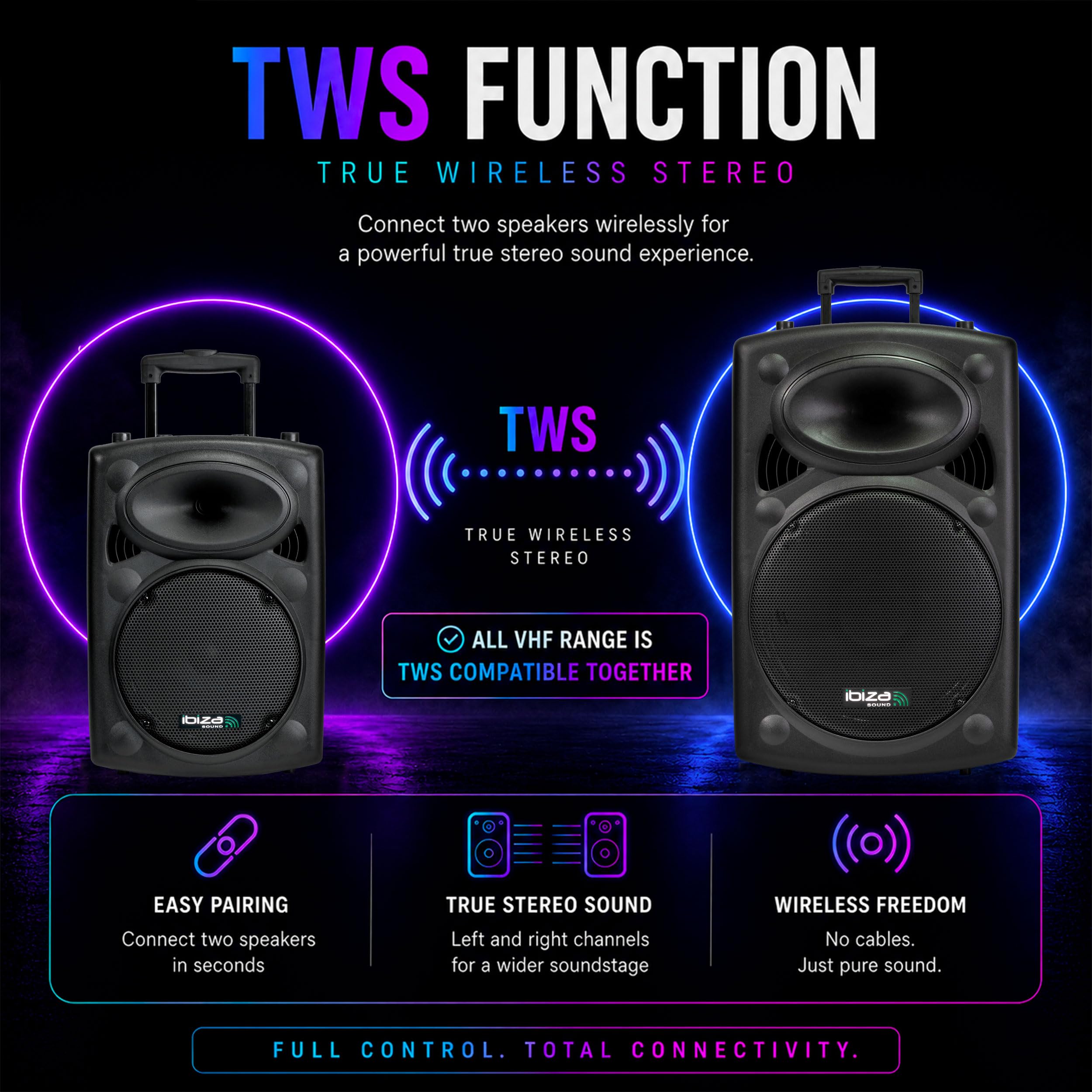 Ibiza PORT10VHF-BT Altoparlante PA Bluetooth 10" 25 cm 500 W 250 W RMS Karaoke 2 Microfoni VHF TWS USB SD Carrello