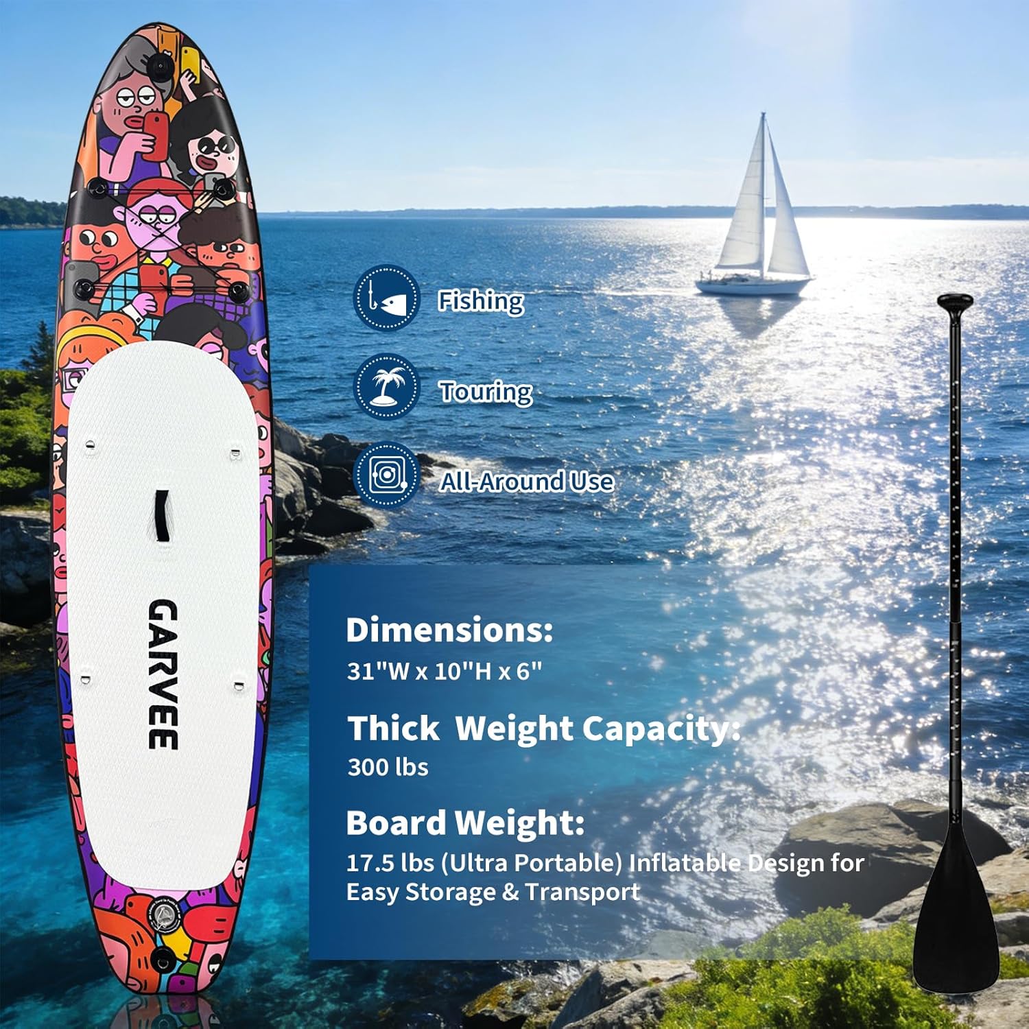Inflatable Stand Up Paddle Board 10'6" for Adults, Feature-Packed Paddle Boards Bundle with Paddle, Quick Electric Pump, Manual Pump, Soft Seat, Sports Camera Mount, Waterproof Phone Bag, Fins, Leash