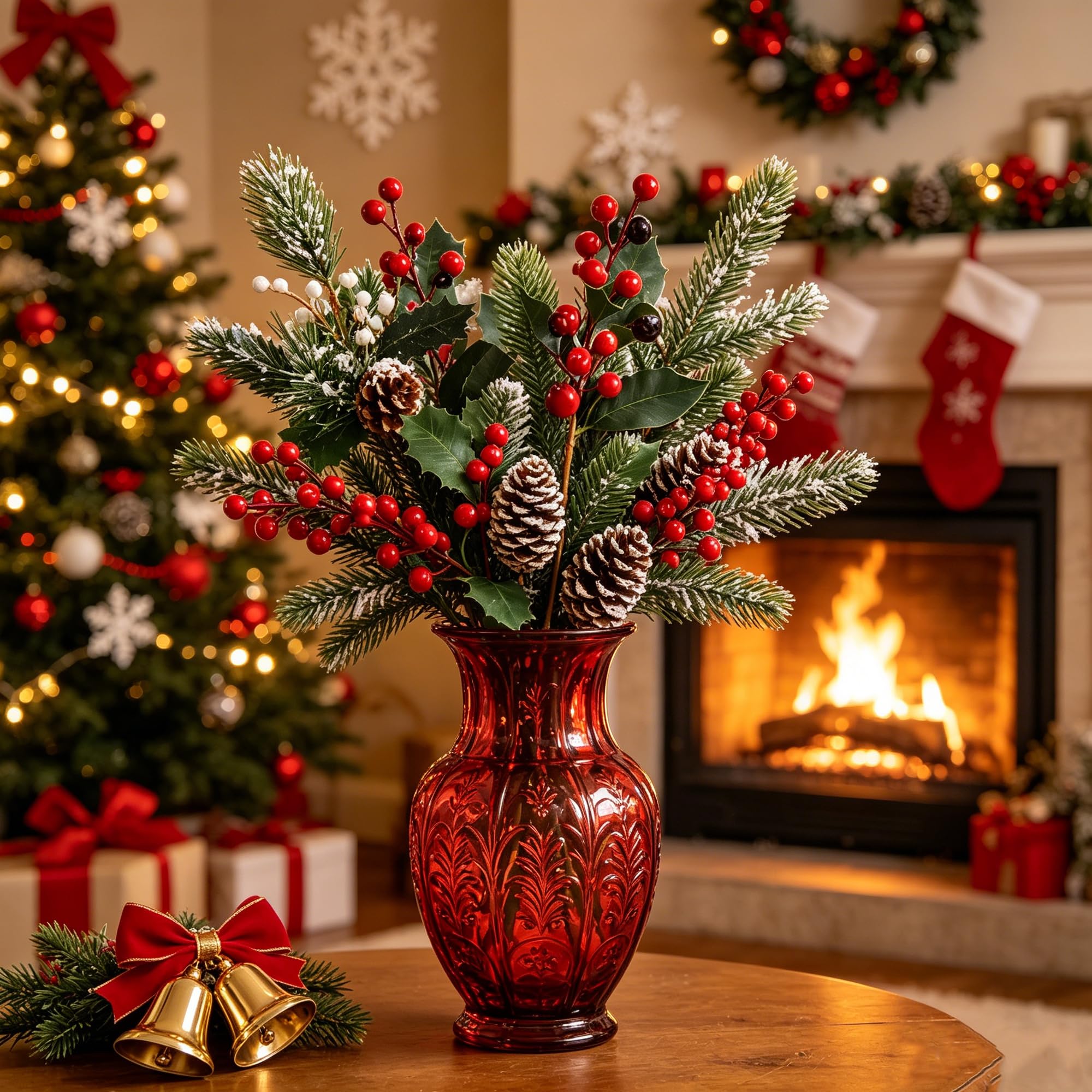 DR.DUDU Künstliche Beerenzweige für Weihnachtsbaumdekoration, Weihnachtsdekoration, rote Beerenstiele, Spray für Bastelarbeiten, Kranz, Girlande, Weihnachtsschmuck, Dekoration, 6 Designs, 12 Stück | 6 Designs, Kranzgirlande, Vasenfüller, künstliche Beeren