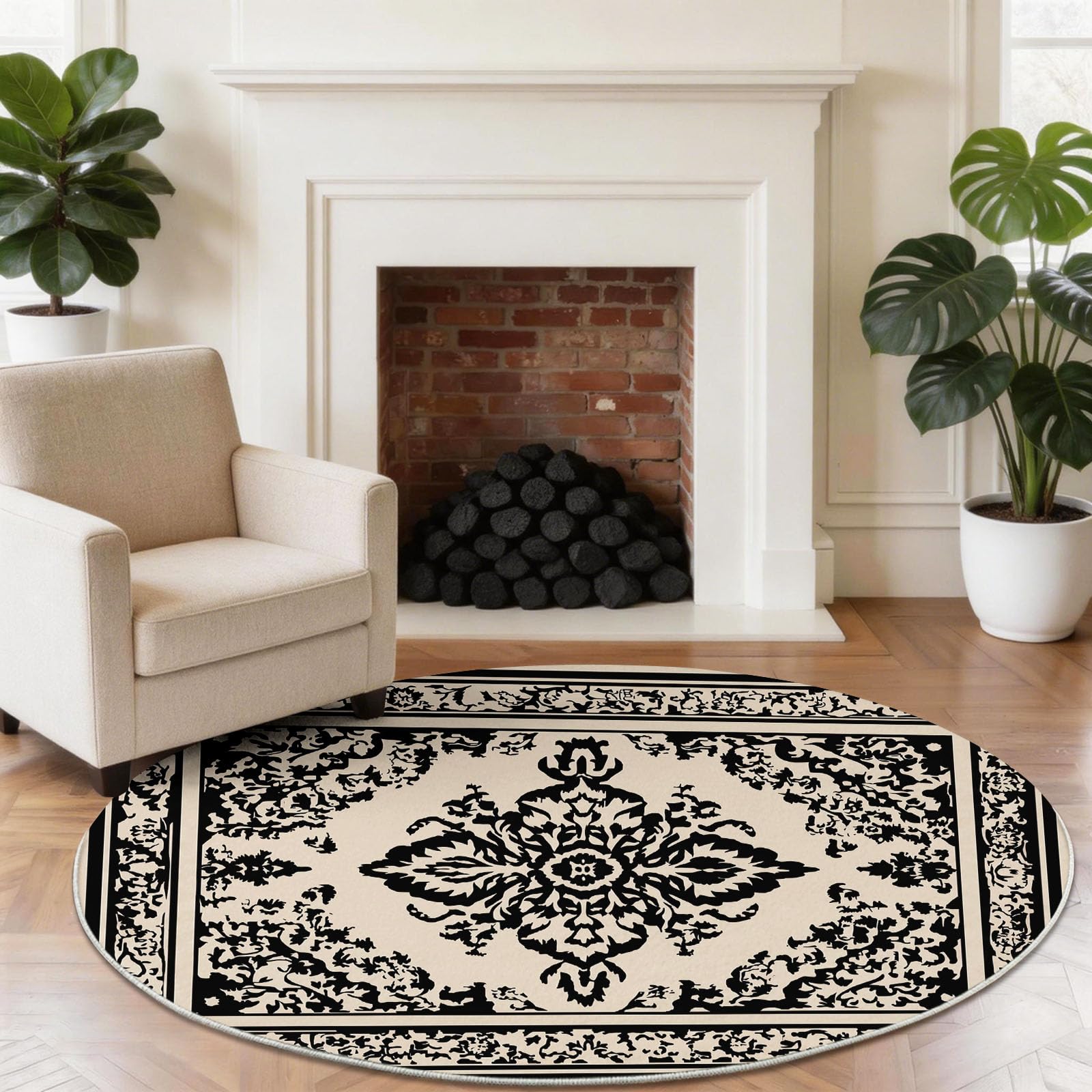Lavable Tapis 180 cm Rond Intérieur Classique Fleurs Liane pour Salon, Chambre ou Couloir - Doux et Antidérapant - Vintage Ethnique Facile à Nettoyer Poil Ras Tapis pour Salle de séjour, Beige