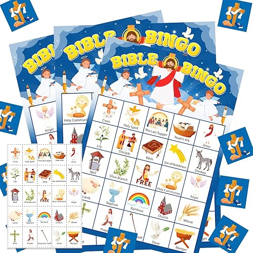 Juego de bingo bíblico para 24 jugadores, juego de bingo para adultos, actividad de la iglesia dominical cristiana de Jesús, tarjetas de bingo de
