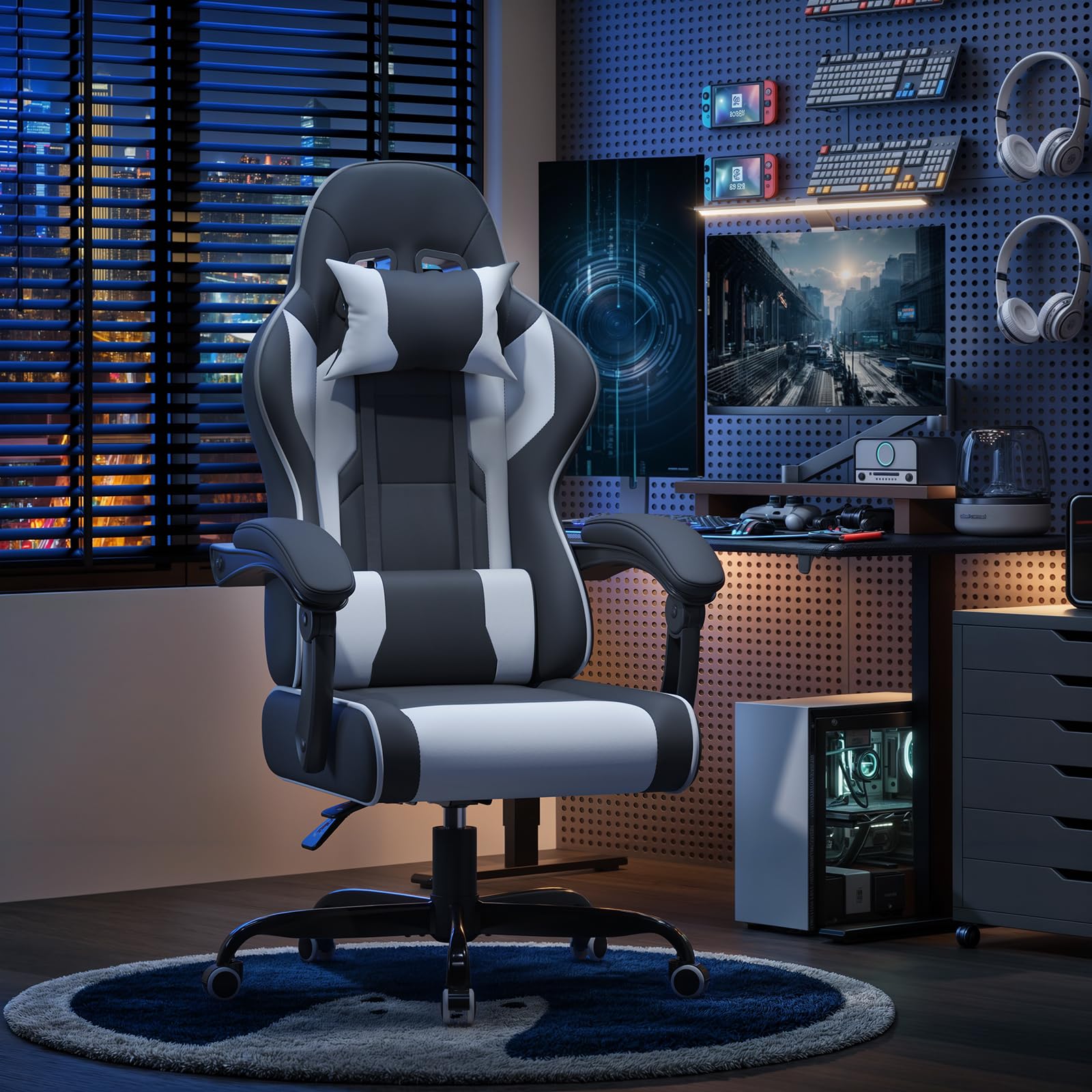 Devoko Gaming Stuhl mit Massagefunktion, Bürostuhl Ergonomisch mit Verstellbarer Ruckenlehne (90-135), Schreibtischstuhl mit Bewegliche Armlehne, max 135kg, Schwarz Weiß