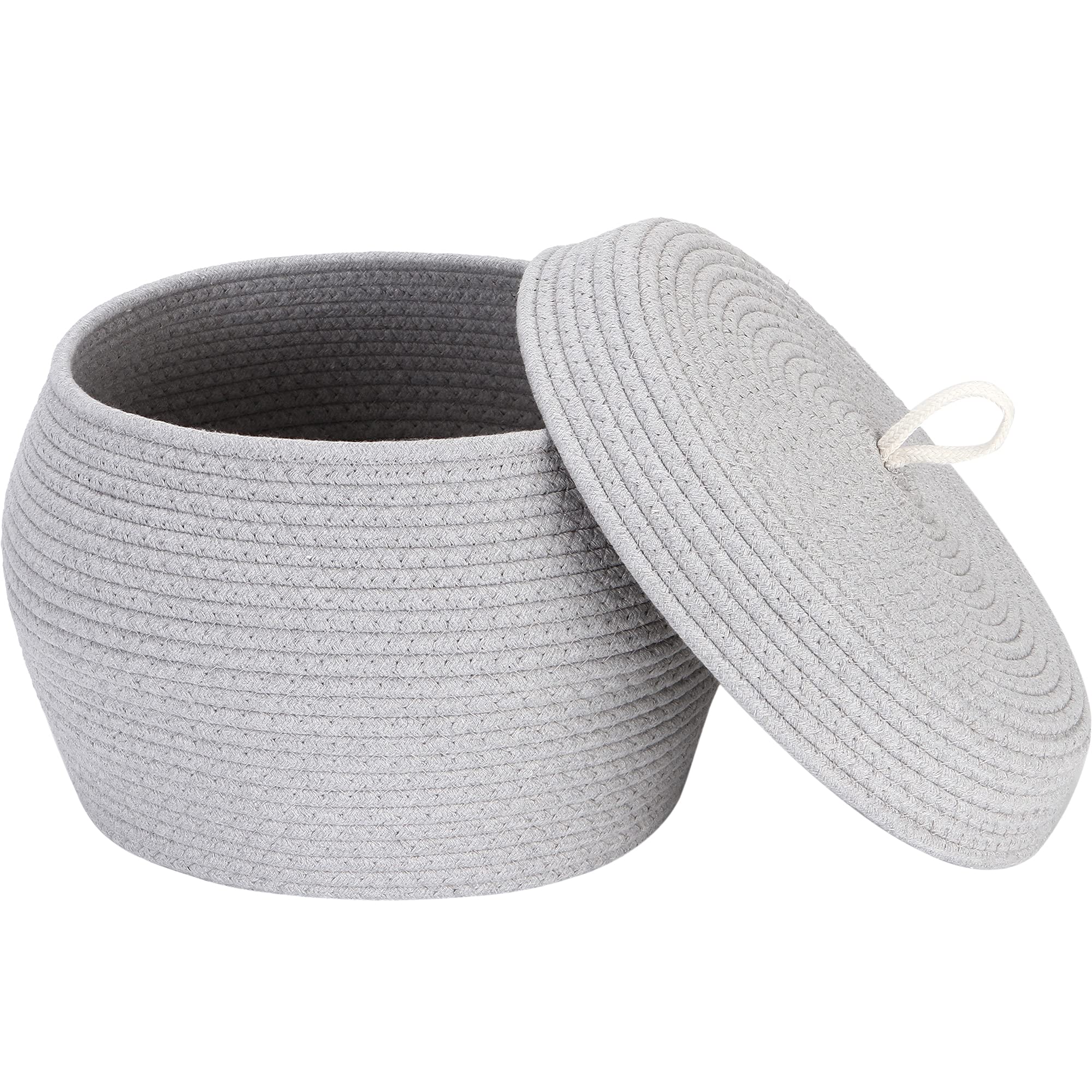 Sea Team Round Cotton Rope Storage Basket with Lid, Decorative Woven Storage Bin, Pot, Caddy, Organizer, Container for Snacks, Towels, Plants, 13 x 9 Inches (Large, Grey) — image 1