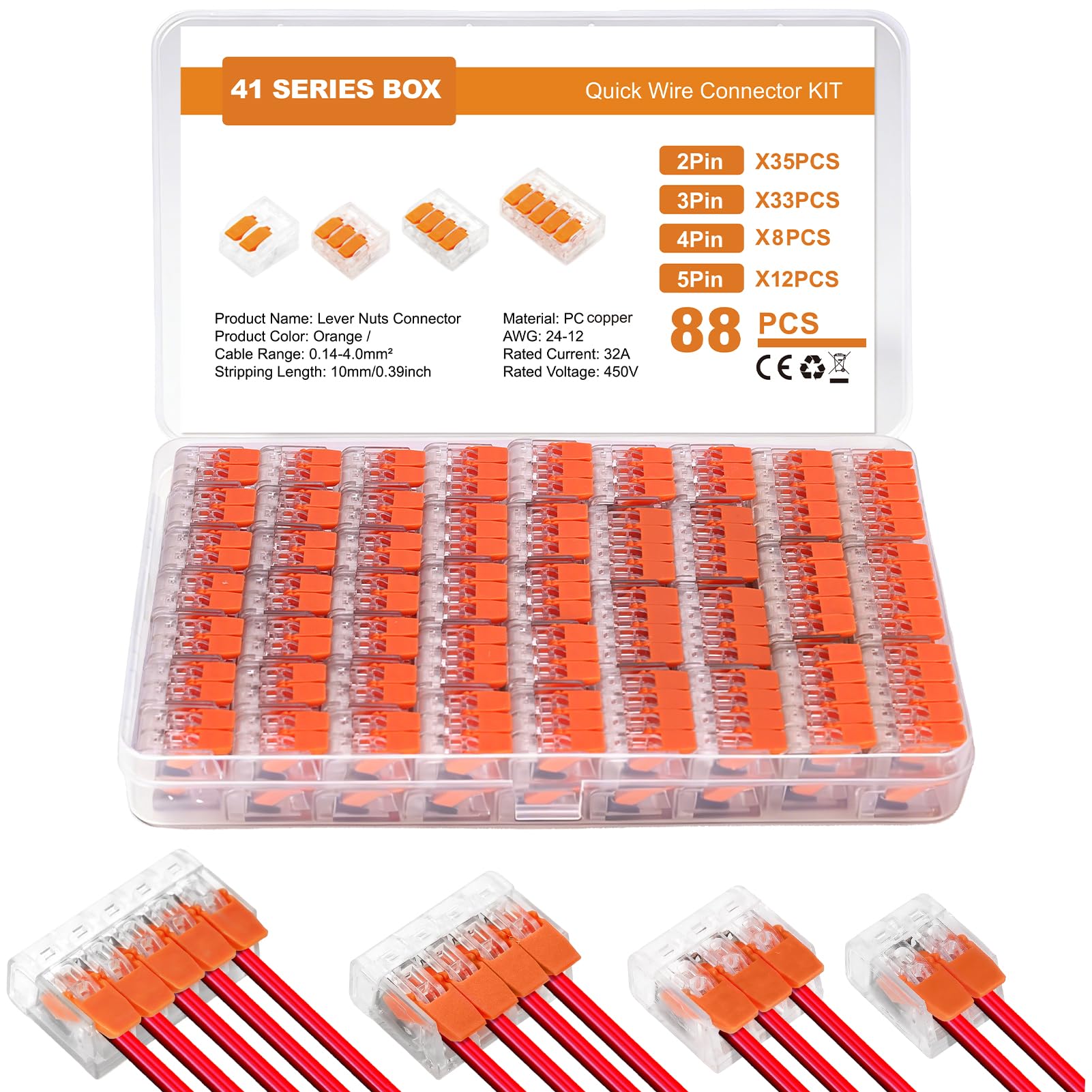 88 Morsetti per cavi elettrici, 2 Poli, 3 Poli, 4 Poli, 5 Poli, Morsetti elettrici con leva di azionamento, Morsetto di collegamento per cavi 0,14 – 4 mm², Morsetto per cavi fissi, 2 – 5 Conduttori