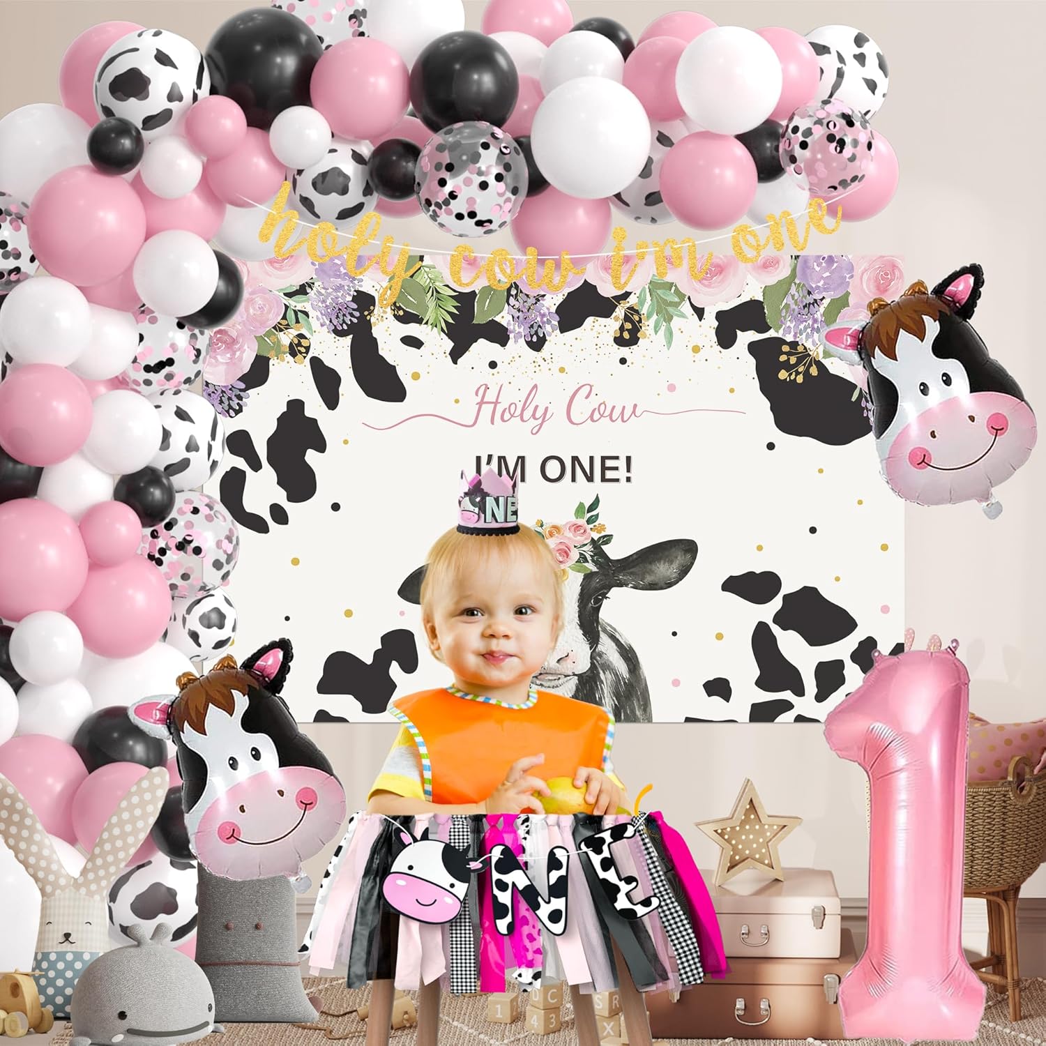 APOWBLS Holy Cow I'm One Birthday Decorations Girl - Farm Cow Theme First Birthday Party Supplies, Balloon Boxes, Backdrop, Banner, Balloon arch, Highchair Banner