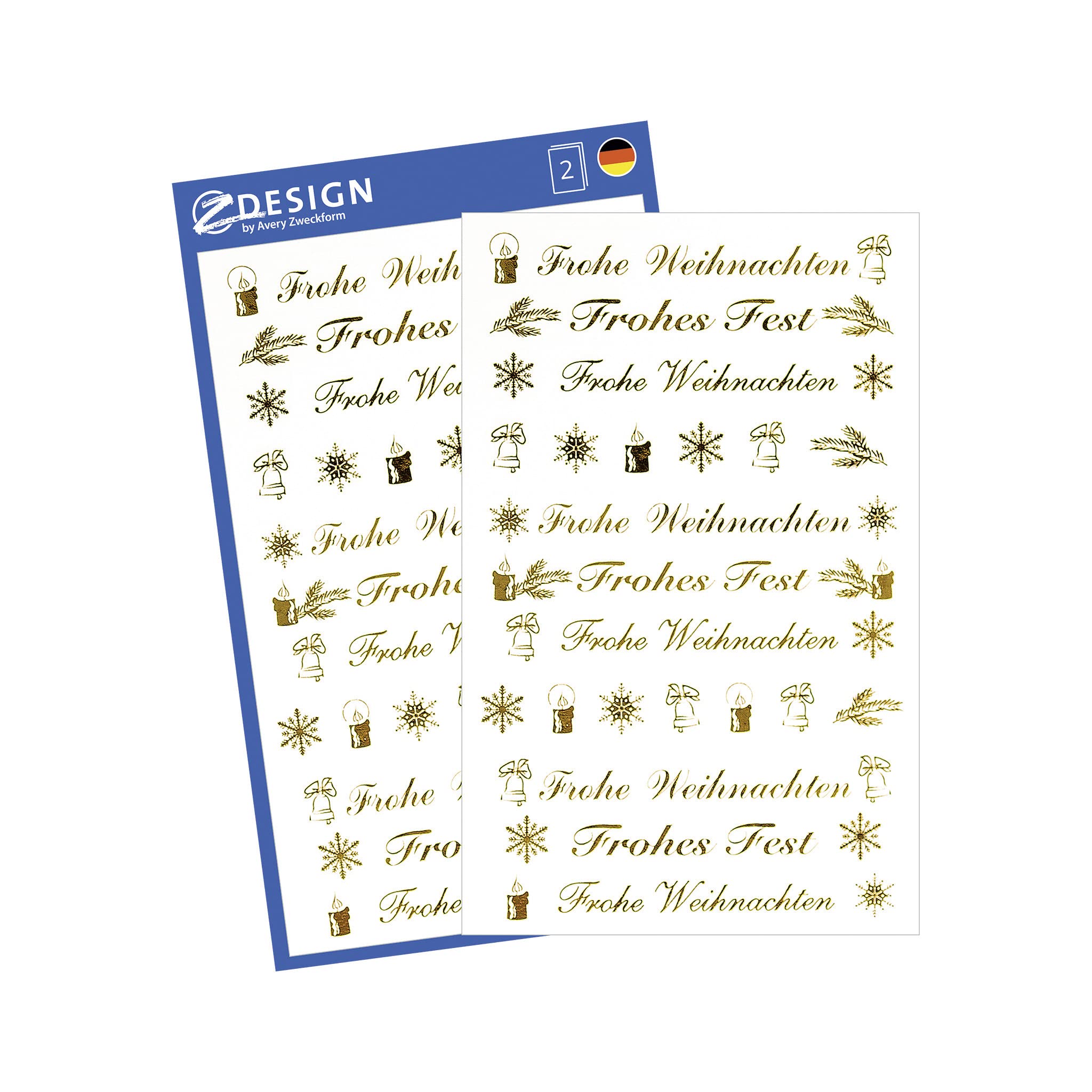 Avery Zweckform 52391 Christmas Stickers, "Frohes Fest" Text, Clear Film, Embossed, 2 Sticker Sheets, 44 Stickers, Gold