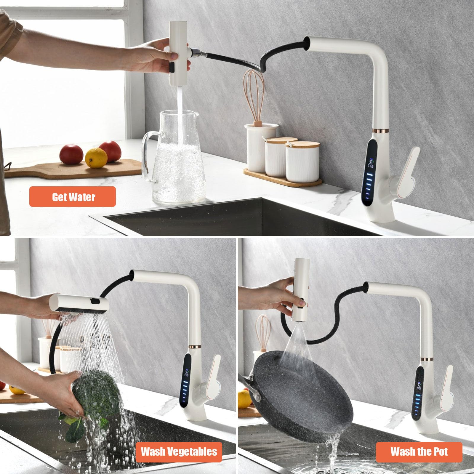 BEITH Robinet De Cuisine Extractible, 3 Modes De Débit D'eau, Cascade, Affichage Numérique LED, Pivotant à 360° Mitigeur Cuisine Robinet, Mitigeur Cuisine à Poignée Unique, 59A Tout En Cuivre