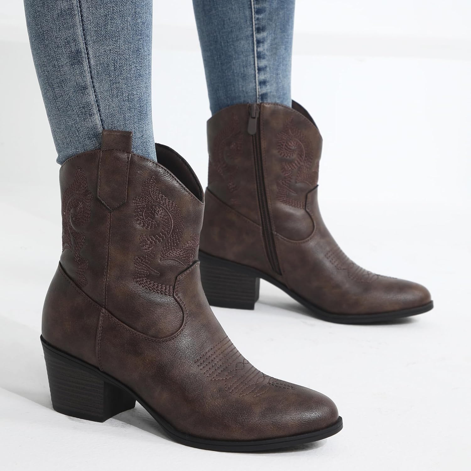 TYNDALL Women's Fashion Embroidered Cowboy Booties Shoes For Women Fall Western Low Heel Round Toe Cowgirl Ankle Boots