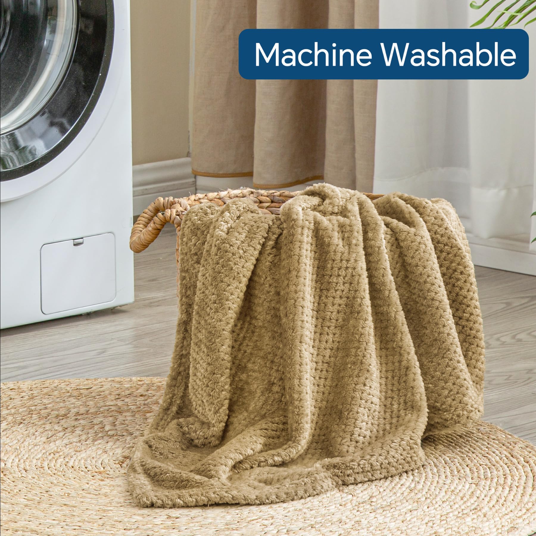 BEDELITE Travel Blanket with Bag, Jacquard Fleece Blanket 65"x40", Camel view 9
