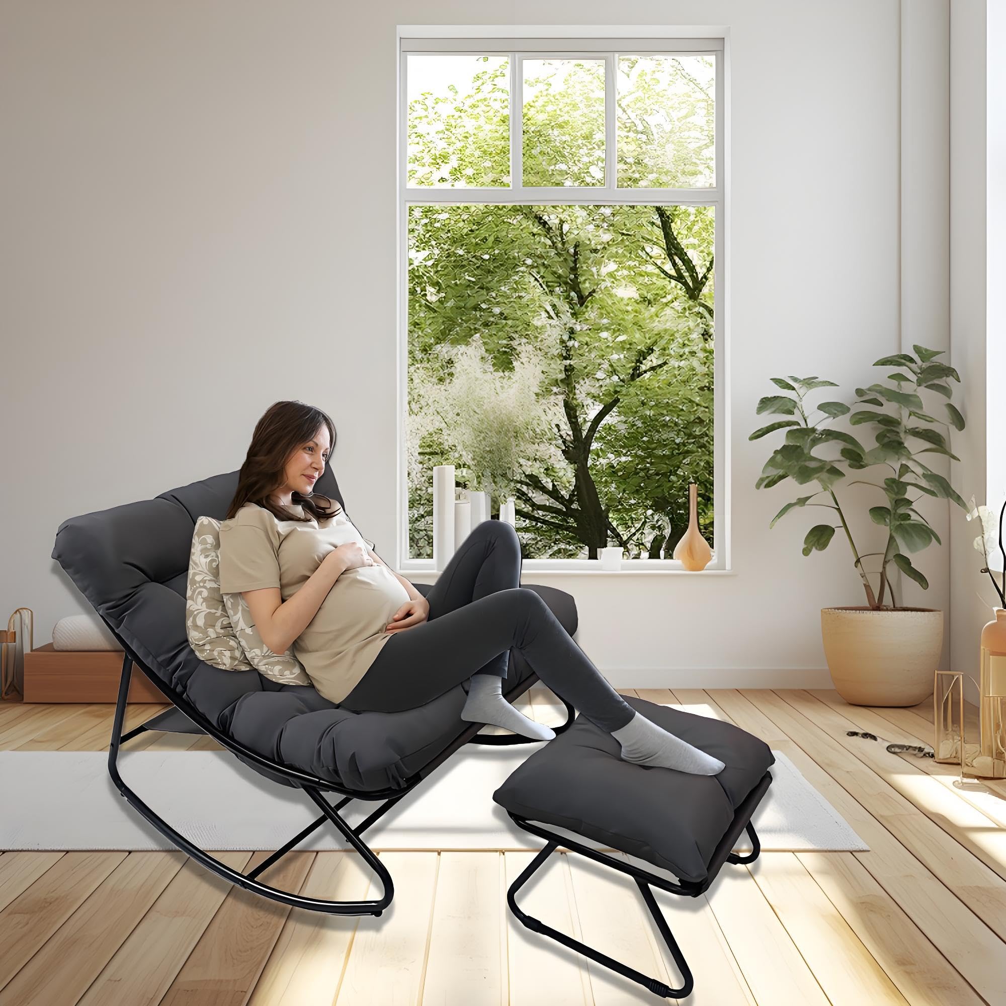 Schaukelstuhl Outdoor Wetterfester mit Gepolsterter,Schaukelsessel Wohnzimmer mit Hocker,XXL Loungesessel Outdoor bis 150kg,Stillsessel Bequem für Garten Balkon Terrasse