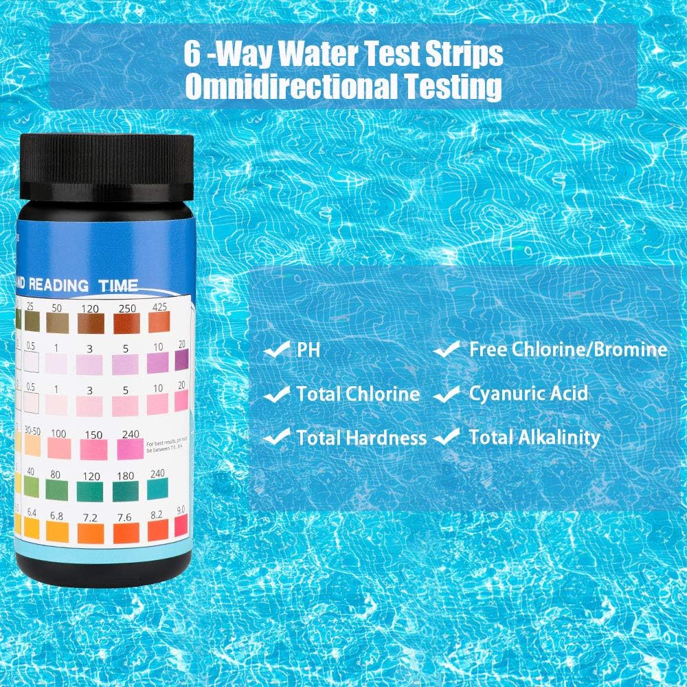 JR.WHITE Pool Test Strips 100 Count, Pool Test Strips Aqua Chemical Check Swimming Pool Test Strips for Pool and Spa Hot Tub Testing 6Ways