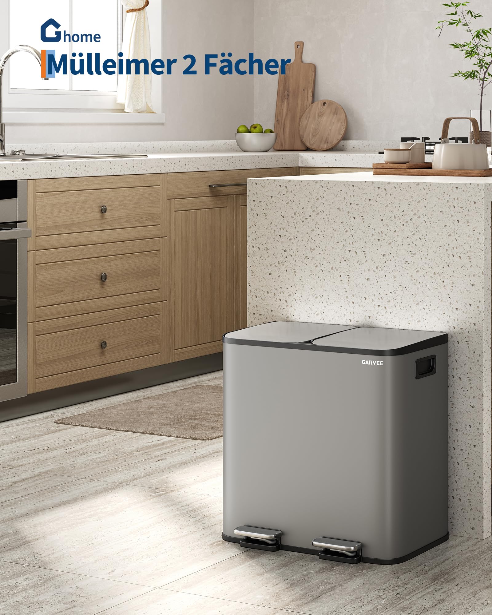 GarveeHome Mülleimer Küche, Mülleimer 2 fächer, Mülltrennsystem 2 x 15 Liter, Tretmülleimer mit Edelstahldeckel, Softclose-Deckel mit Inneneimer für Recycling und Restmüll, Grau