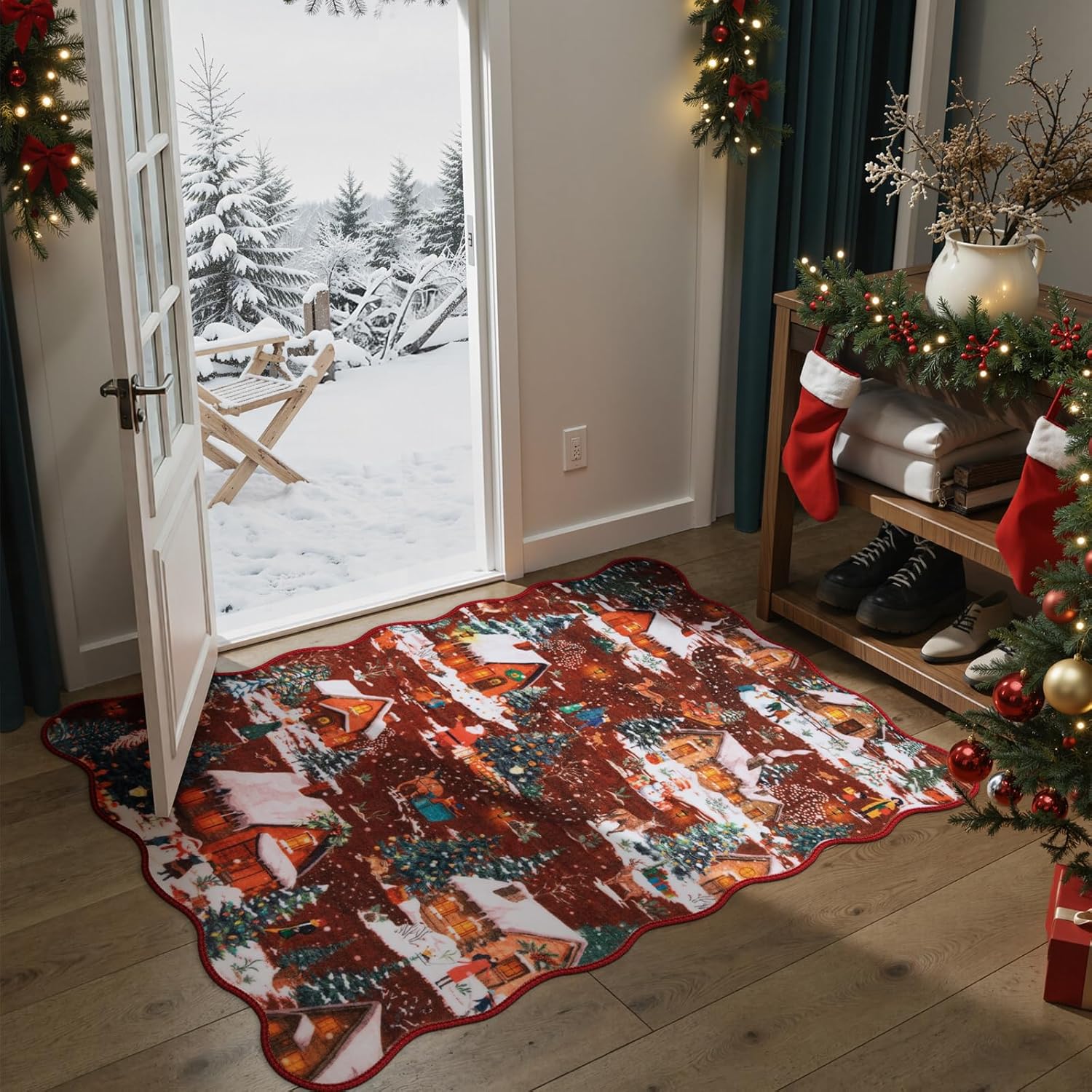 Wonnitar Christmas 2x3 Entryway Rug, Non Slip Washable Small Kitchen Rugs, Soft Christmas Winter Reindeer Door Mat Indoor Entrance, Scalloped Area Rug for Bathroom Bedside Holiday Decor (Red,2'x3') 2' x 3' (Rectangular) Red