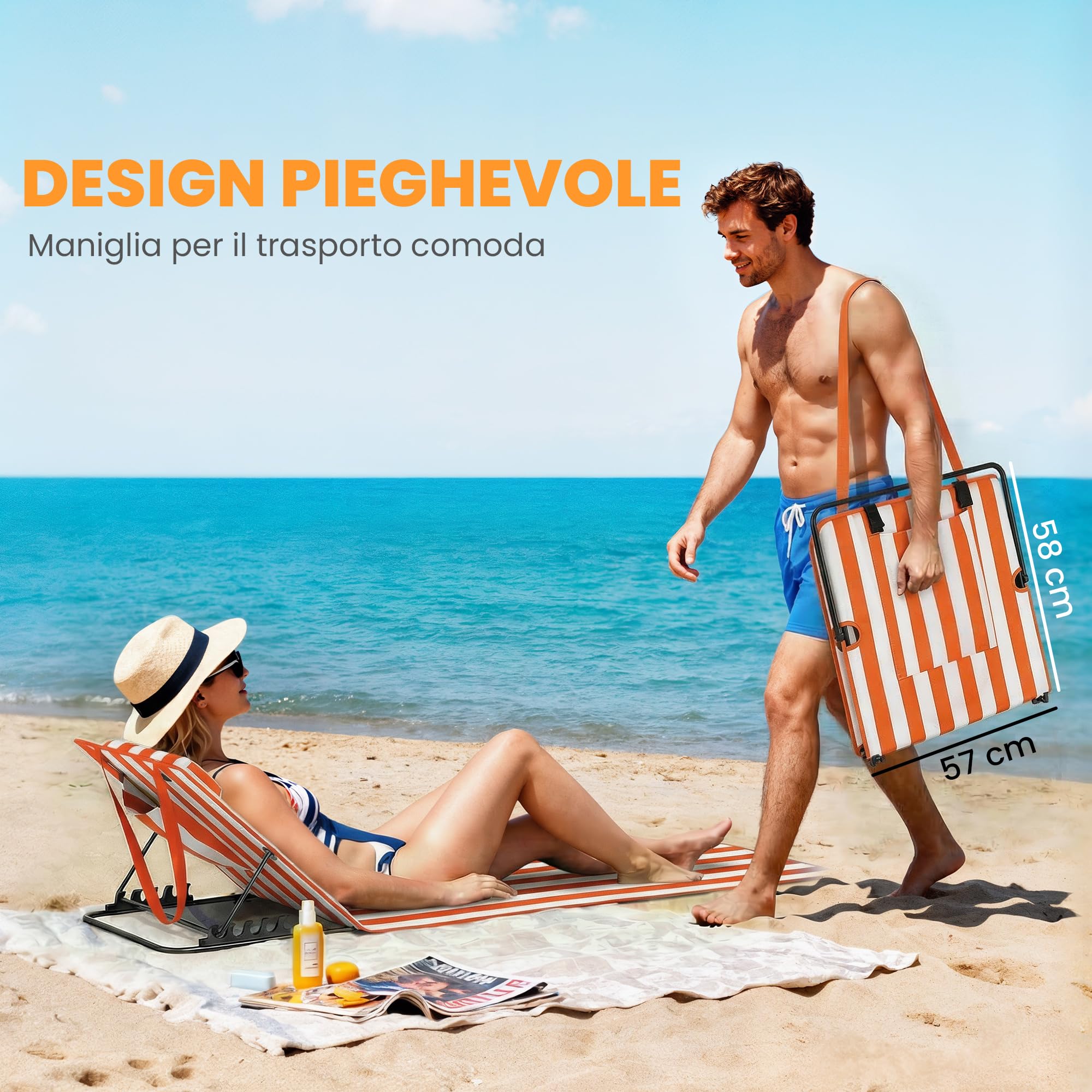 Outsunny Set 2 Lettini da Spiaggia con Schienale Regolabile su 4 Livelli, Lettini da Spiaggia Pieghevoli con Poggiatesta, Tasca Laterale, Lettino Prendisole per Mare Piscina, Arancione e Bianco