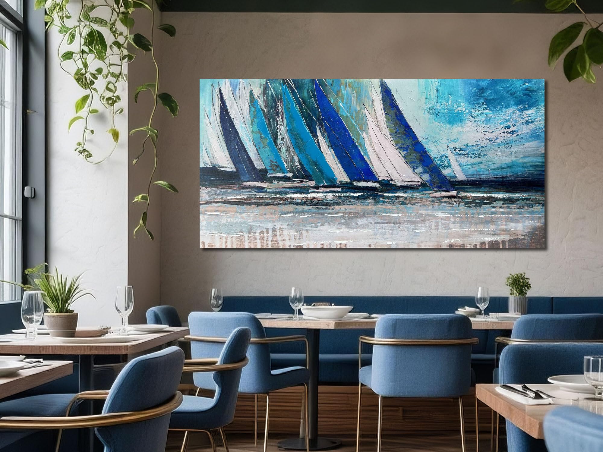 Canvas Wall Art Abstract Blue Ocean Sailboat Picture Modern