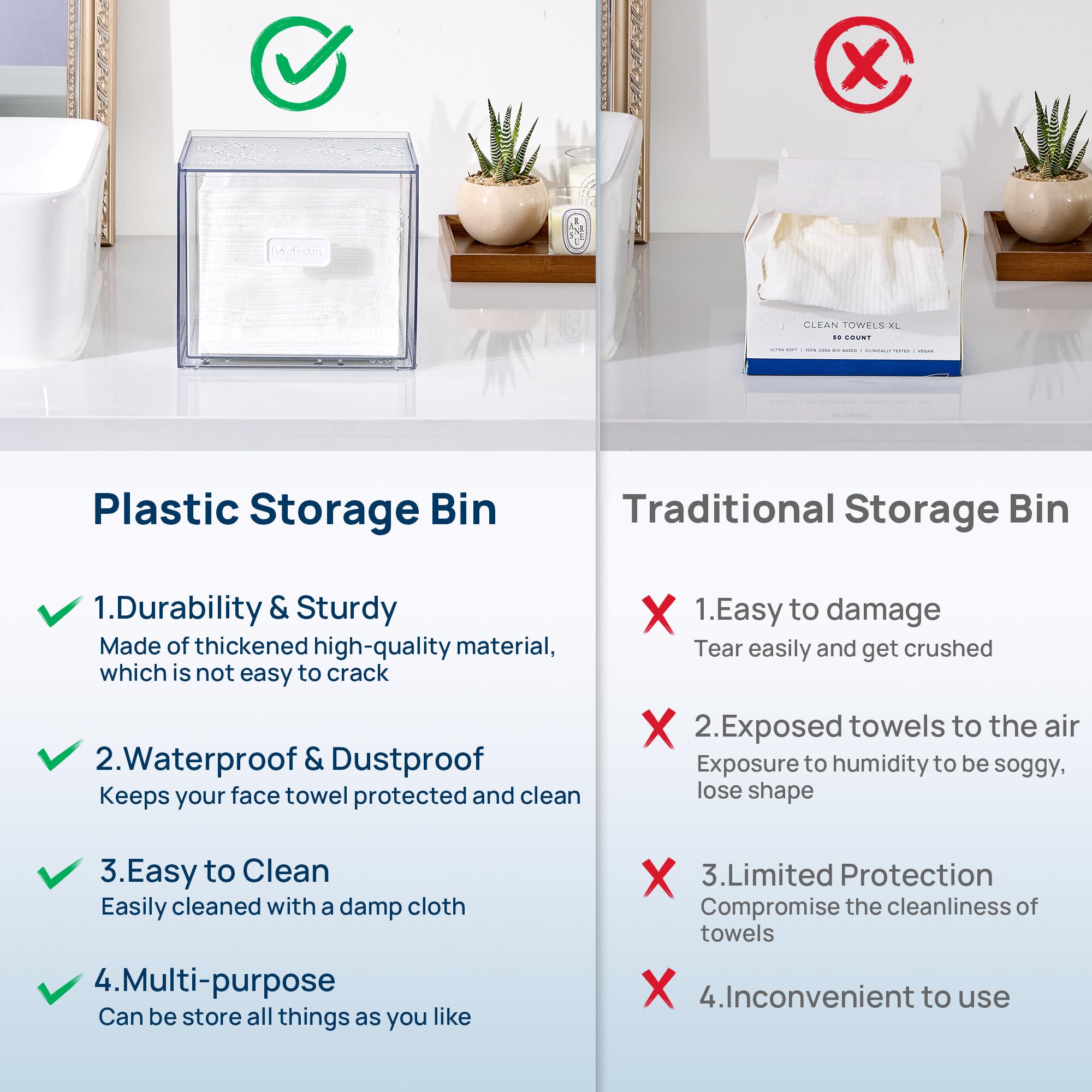 Vtopmart Cajón de almacenamiento de toallas faciales desechables compatible con Clean Skin Club Towel XL, caja acrílica con capacidad para 50 unidades, accesorio de baño elegante y funcional para
