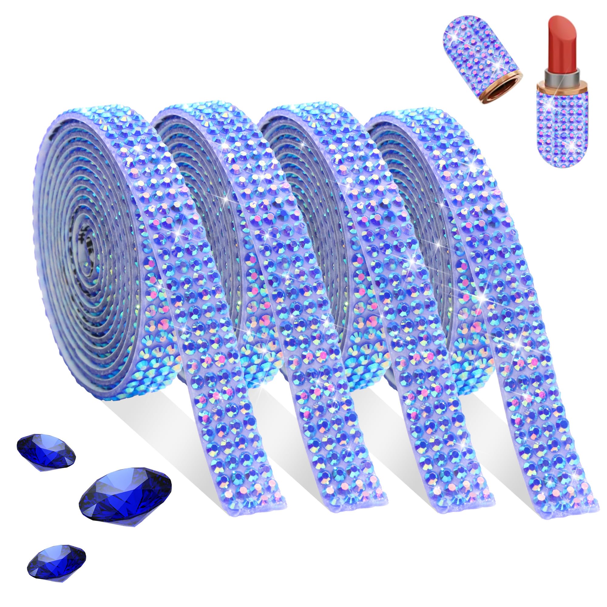 FULZTEY 4 Rolls Rhinestone Ribbons Self Adhesive,Royal Blue AB Crystal Ribbon with 2 mm Jelly Gems for DIY Crafts,Bling Jelly Gem Strips Stickers for Car Clothes Party Decoration