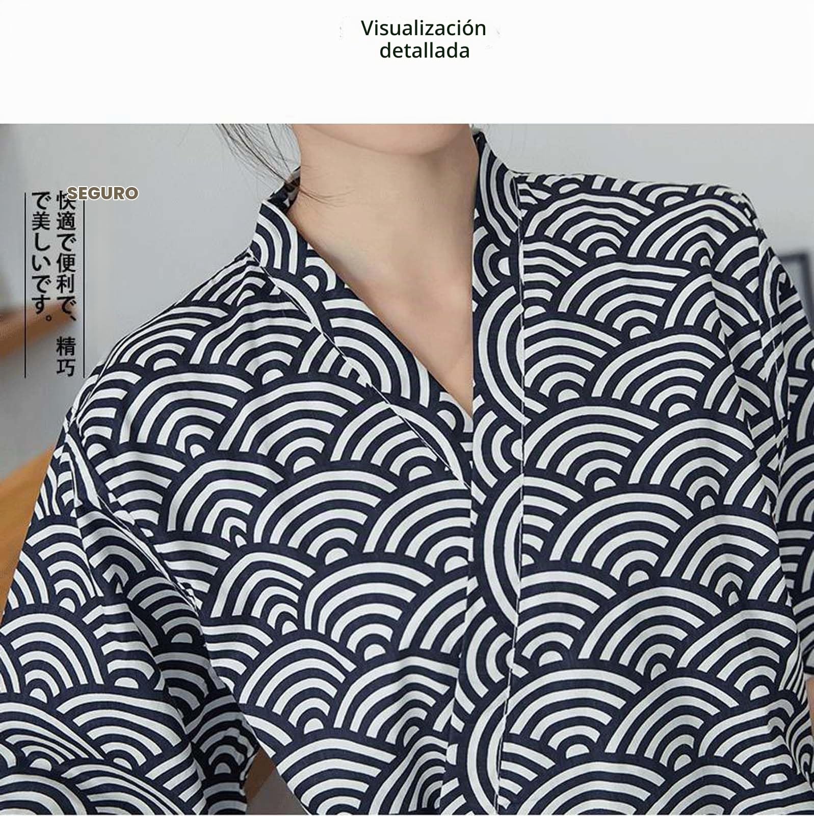 ZEALMAX Kimono japonés camisa y pantalón, ropa de descanso de lino de algodón, conjunto de bata de baño, olas negras, talla única