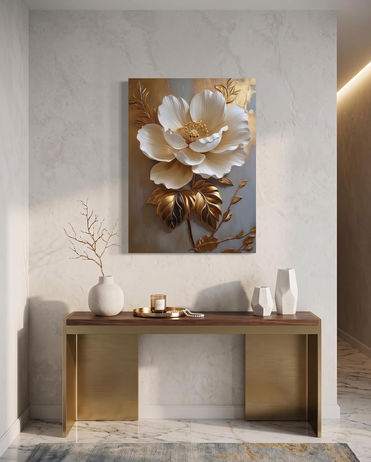 RDXLTOFO Gold Floral Canvas Wall Art 12Inx16In Ready to Hang | White 3D Flower Painting Luxury Modern Botanical Poster Prints For Bedroom Bathroom Wall Decor