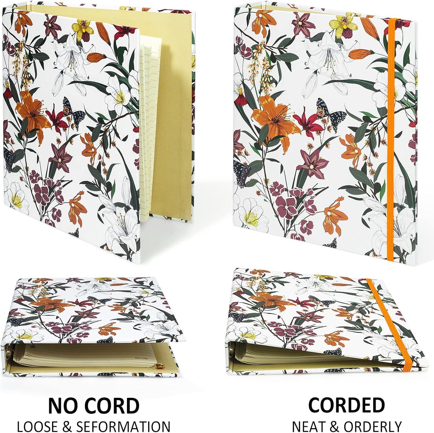 tutata Mini 3 Ring Binder 5.5 x 8.5, 1 Inch Binder, 175 Sheets Capacity, Cute Flower Cover with Elastic Cord, School Binder, Recipe Binder, Fits Paper and Sheet Protectors, Junior Size, Bright Floral