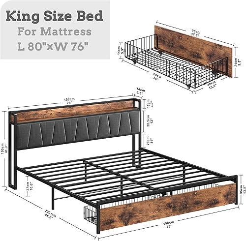 Miniatura 2 de LIKIMIO Base de cama tamaño King, cabecera de almacenamiento con estación de carga, cama de plataforma con cajones, no necesita somier, fácil Marrón