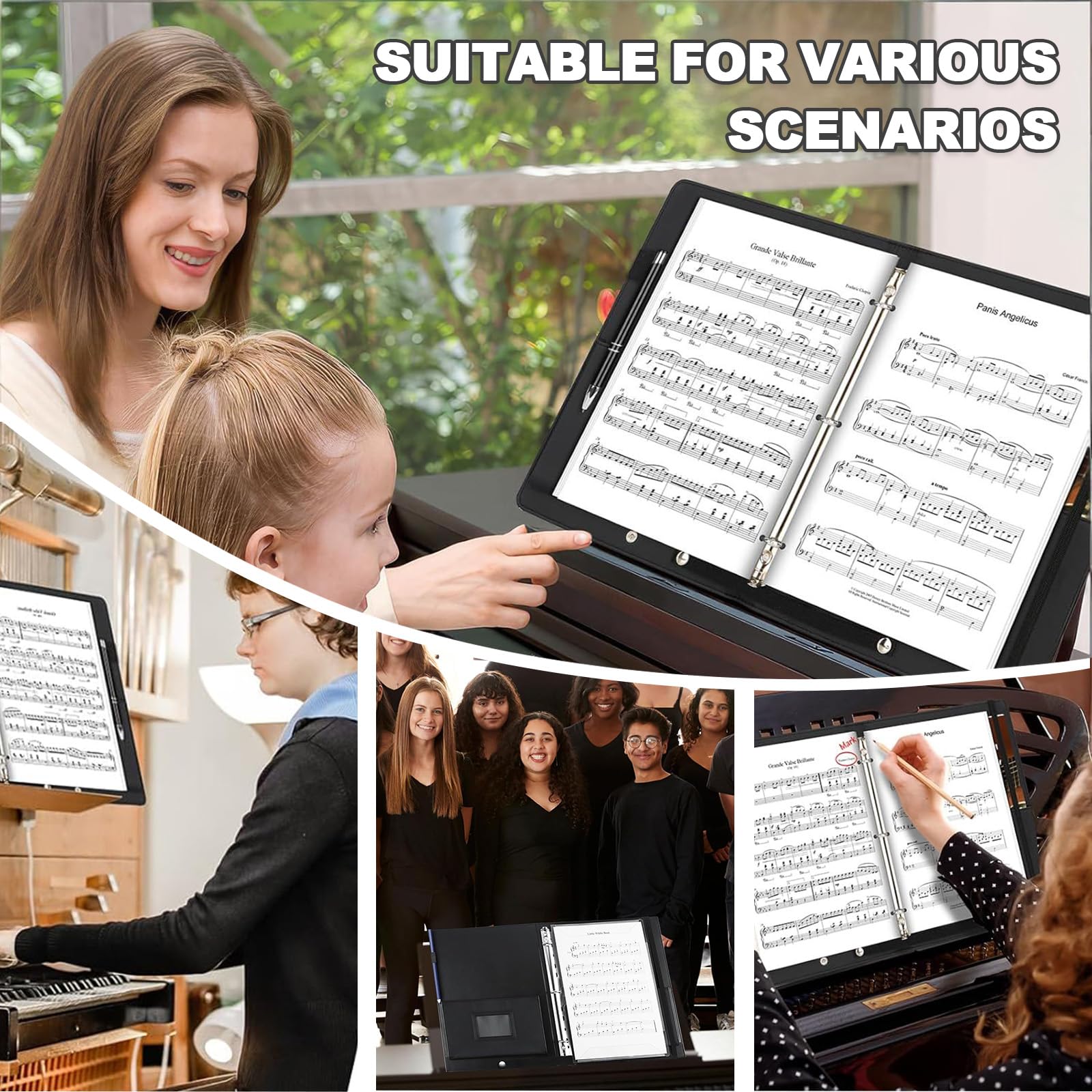 Carpeta Partituras A4, Carpeta Coral Negra, Material PU, Portapartituras Con Correa Mano, Capacidad Máxima 200 hojas, Regalos para profesor de musica