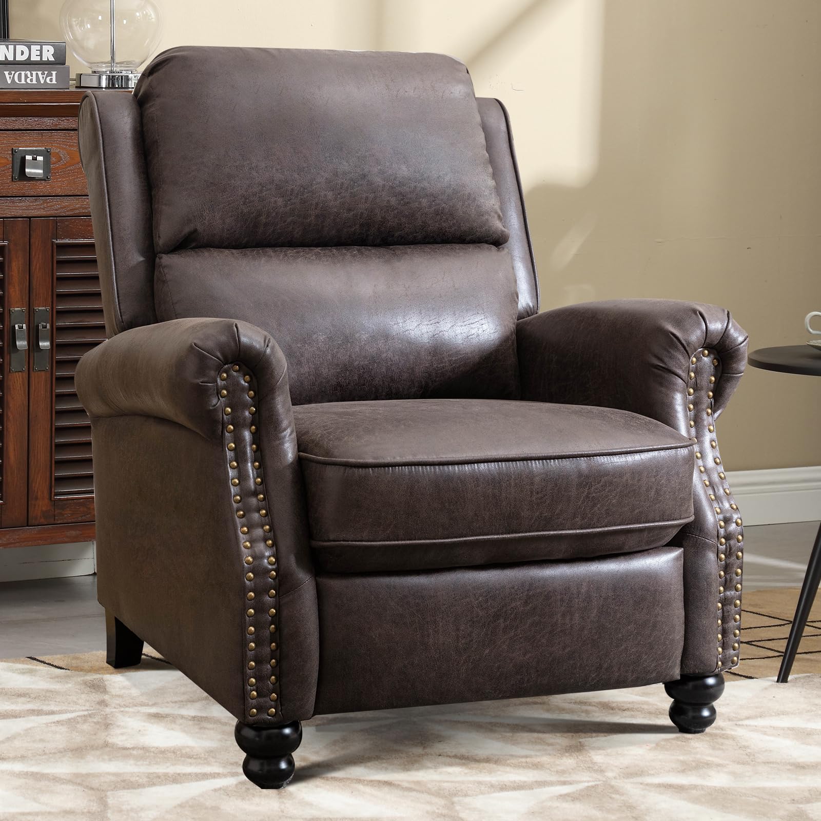 IOMOR Push Back Recliner Chair Faux Leather Lounge Armchair with Rivet Decoration Wingback Single Sofa Chair with Padded Seat Solid Wood Legs for