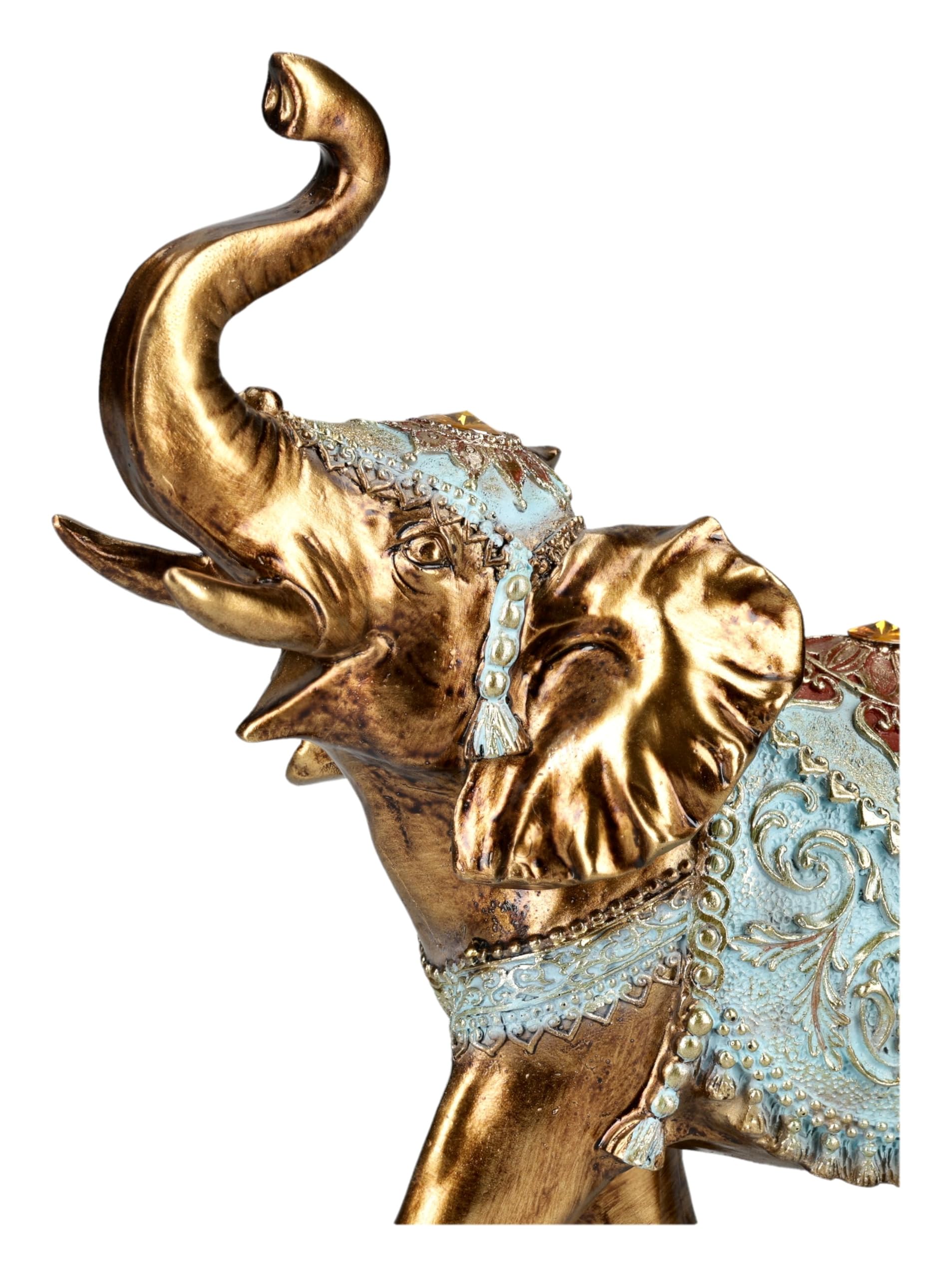 Figuren Shop GmbH Elefante de la suerte, figura de elefante con manta turquesa, pintado a mano (23 cm), símbolo de buena suerte, salud y prosperidad, idea de regalo