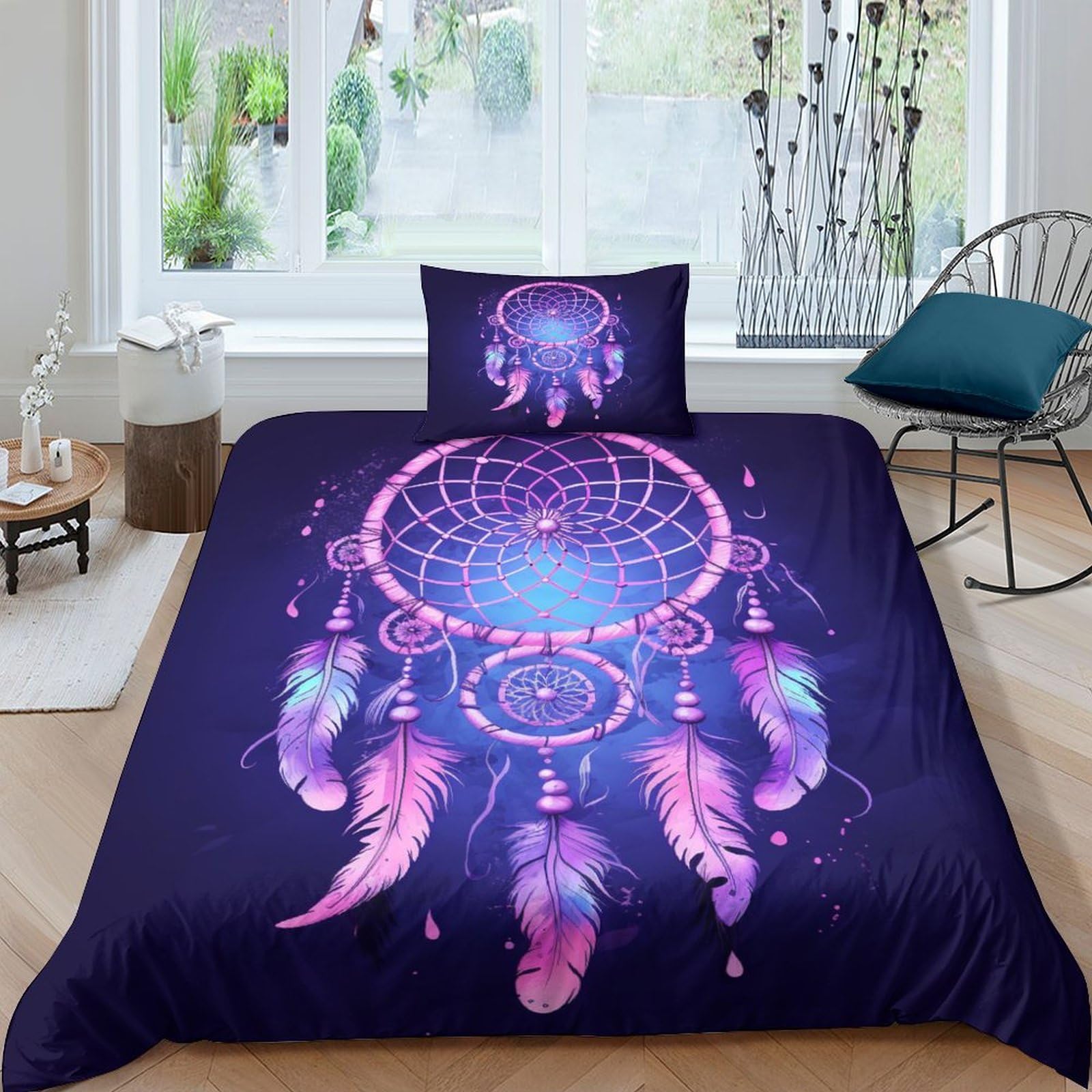Housse de couette 135x200 bohême à fermeture éclair avec taies d'oreiller plumes