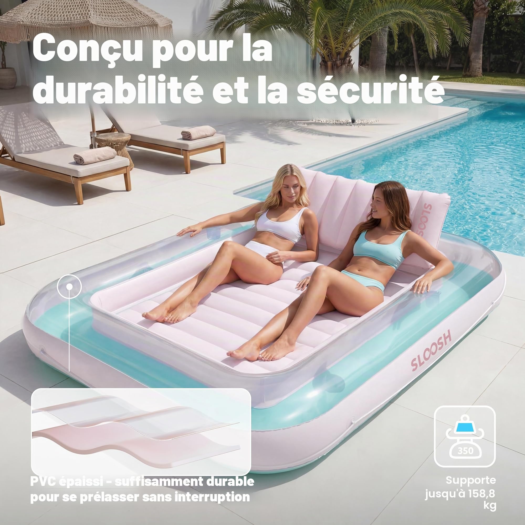 SLOOSH Chaise Longue Gonflable pour Bronzage en Piscine, 216 cm x 145 cm - Baignoire de Soleil pour Adultes - Flotteur de Piscine Gonflable pour Bronzer - Lit de Bronzage Gonflable pour Piscine pour