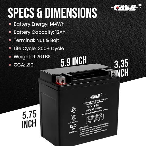 YTX14-BS Battery 12V 12AH 200 Cca - High Performance AGM SLA Power Sport Battery by Casil