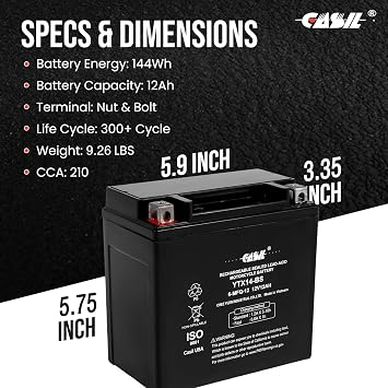 YTX14-BS Battery 12V 12AH 200 Cca - High Performance AGM SLA Power Sport Battery by Casil