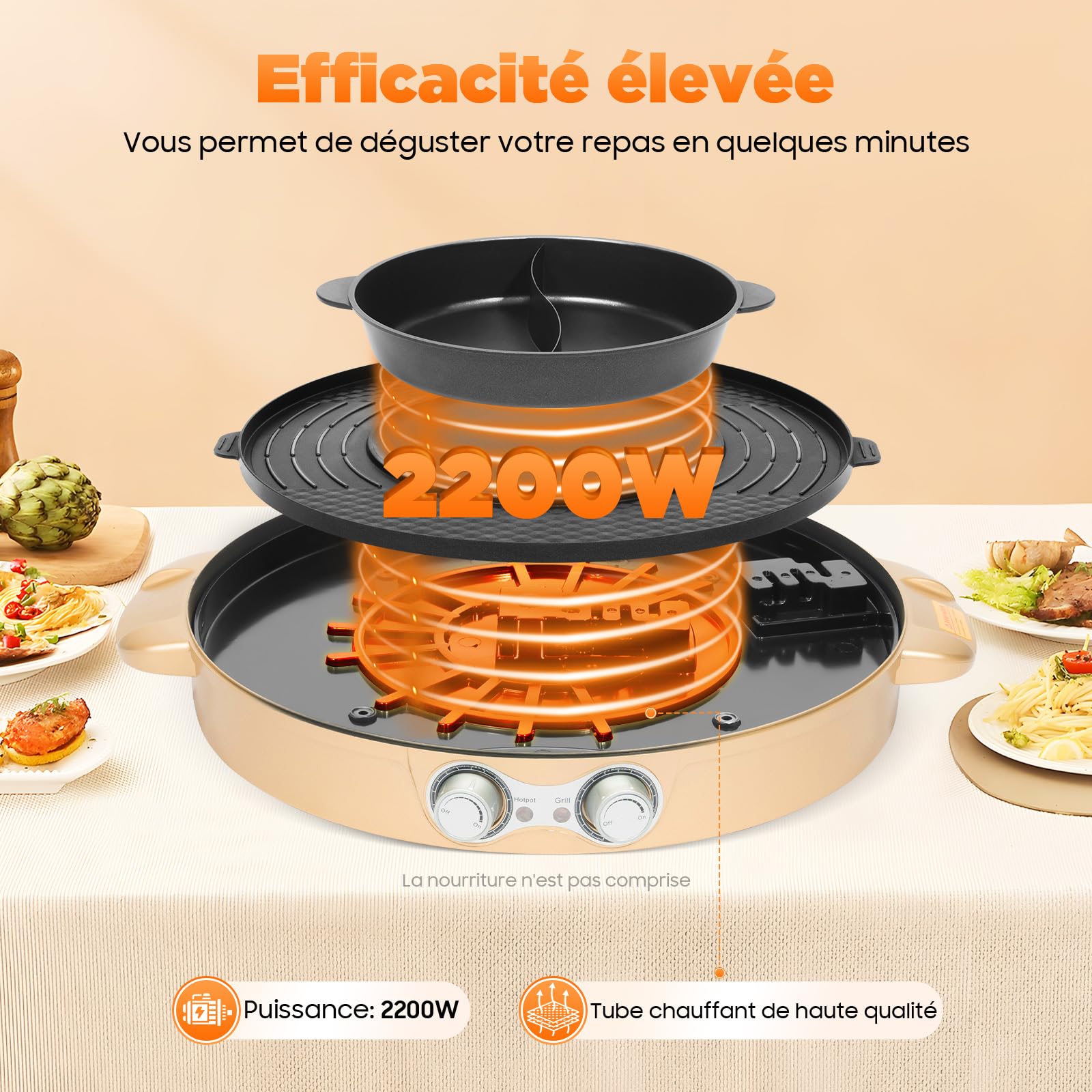 Appareil Fondue Chinoise Hot Pot 2 en 1, 2200 W Electrique Barbecue Coréen de Table avec Revêtement Antiadhésif, Portable Casserole Électrique Amovible pour Hot Pot BBQ Coréen, 52x18.5cm
