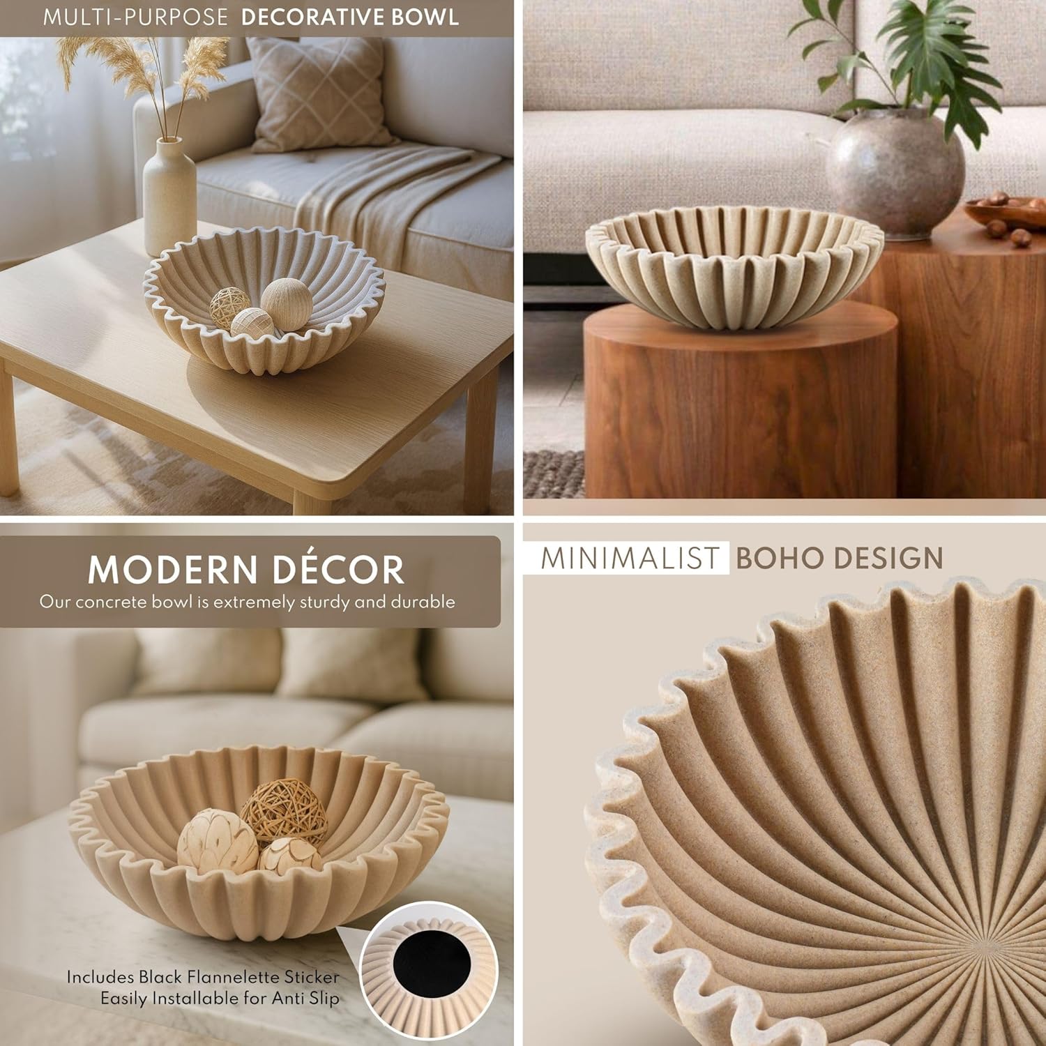 12" Extra Large Decorative Bowl – Decorative Fruit Bowl for Kitchen Counter, Modern Handmade Bowls for Home Decor, Ruffle Decor, Stylish Key Bowl for Entryway Table, Beige Artificial Stone - Image 6