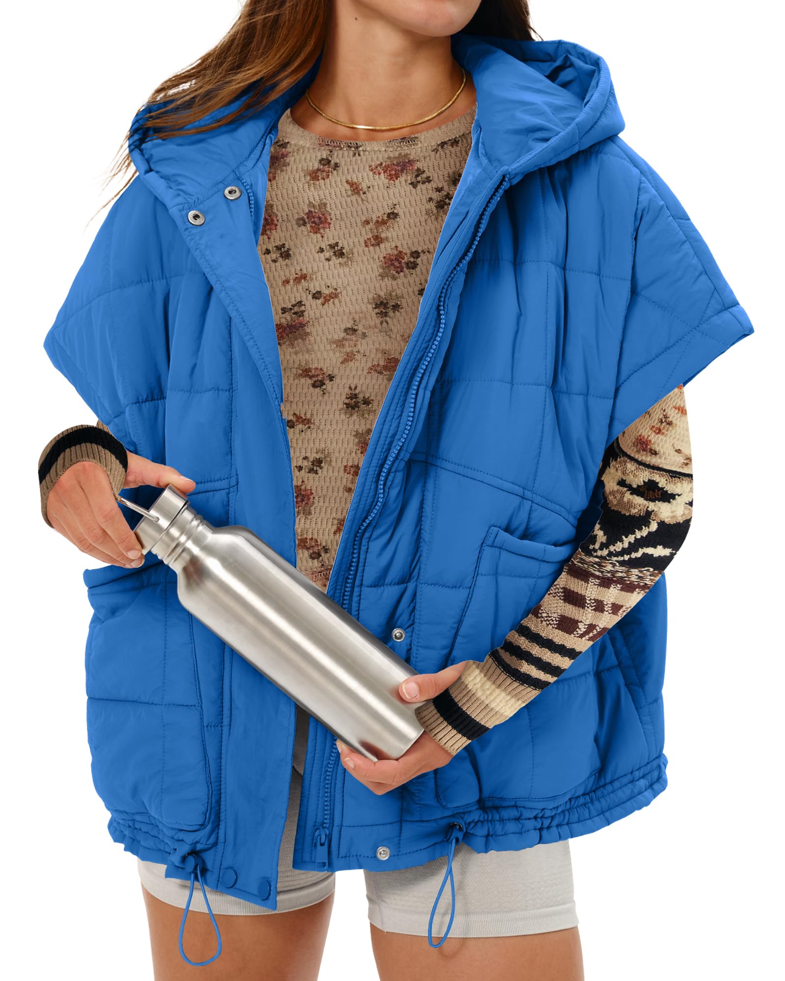 Quilted Vest for Women Oversized Stand Collar Cap Sleeve Puffer Jacket Warm Button Zip Up Hoodies Coat Outwear-image-44