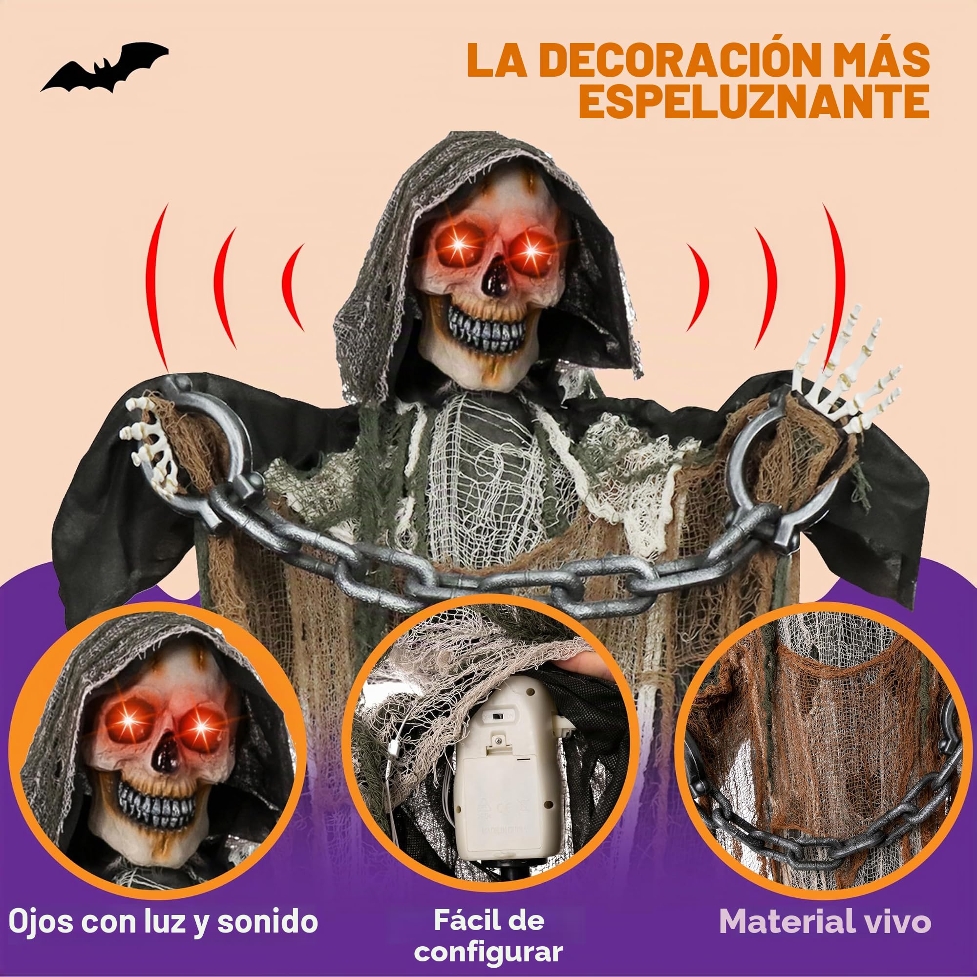 JOYIN Decoración de Halloween de 175 cm con Cadena, Esqueleto de tamaño Real con Ojos iluminados y Sonido Espeluznante (Sonido Activado) para Halloween casa embrujada decoración de