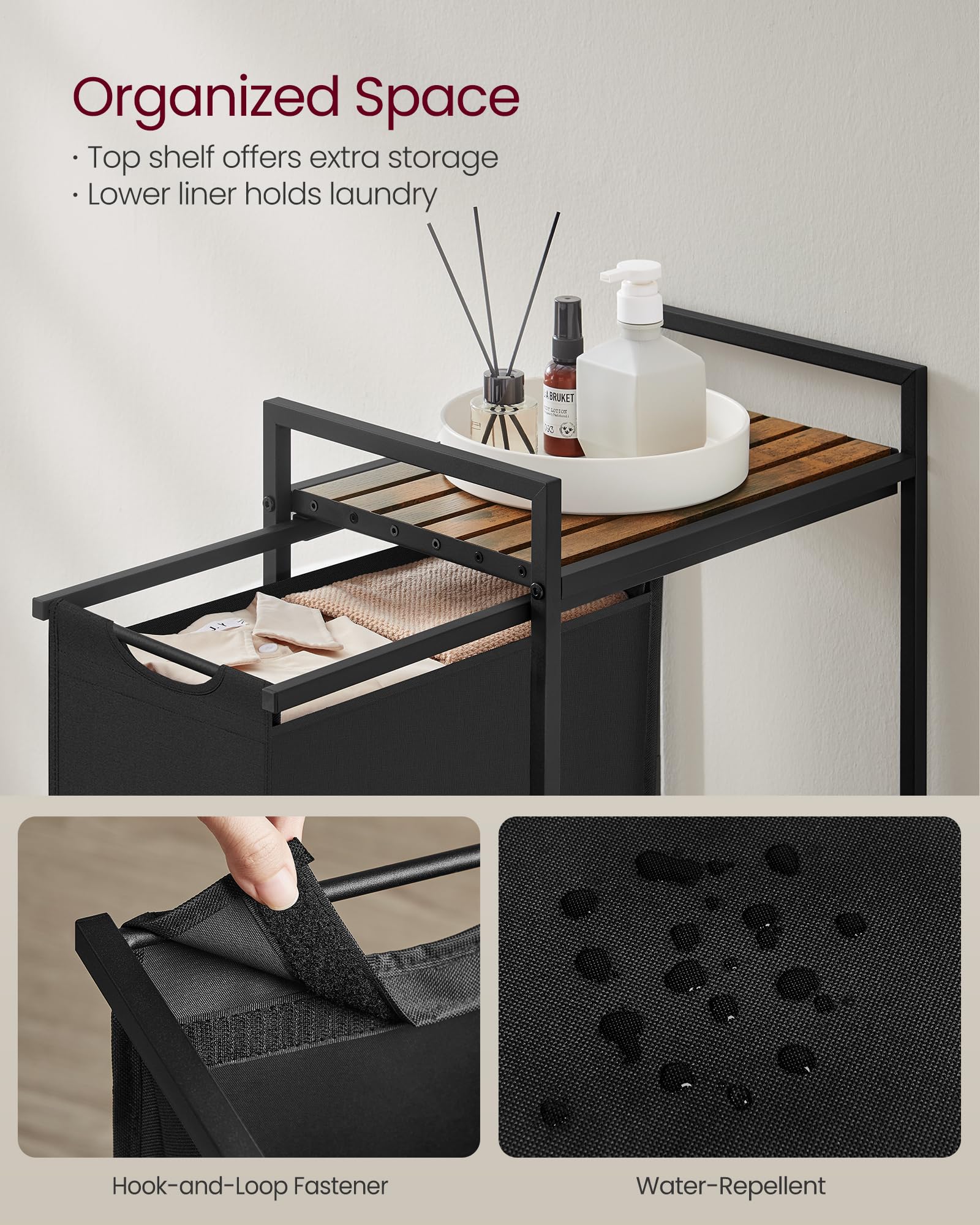 VASAGLE UBLH001B01 - Cesto portabiancheria sottile, con cesto estraibile e rimovibile, ripiano, struttura in metallo, 47 l, 42 x 28 x 75 cm, nero inchiostro e marrone rustico