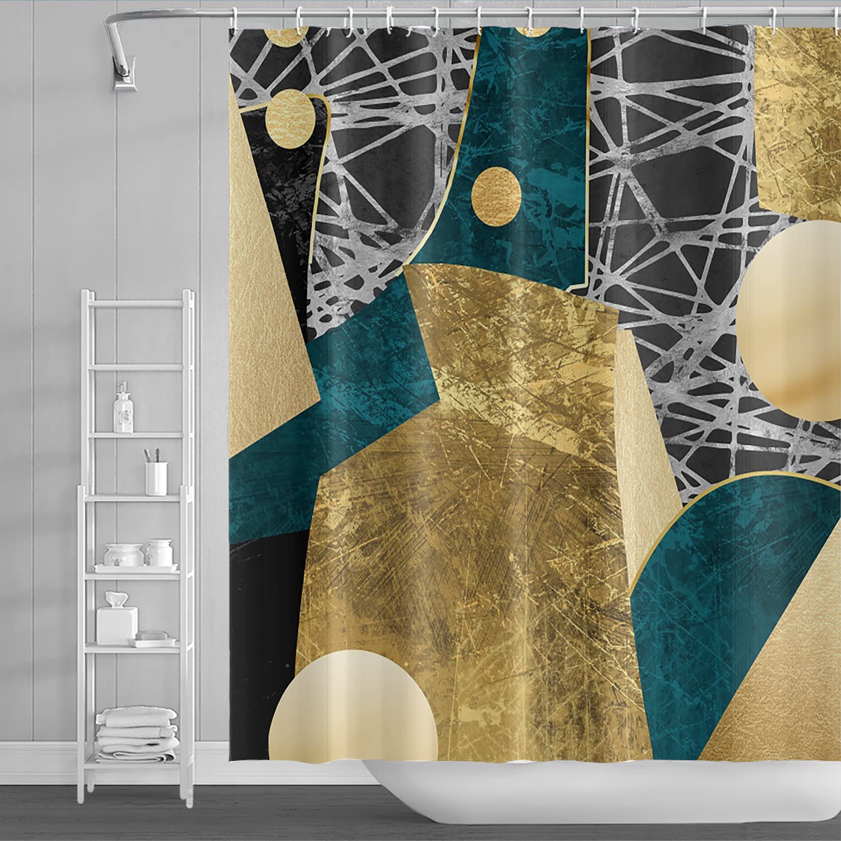 Tenda Doccia In Tessuto Marmo Oro Verde 180x180 Cm - Kit Con Ganci - Stile Moderno Per Bagno