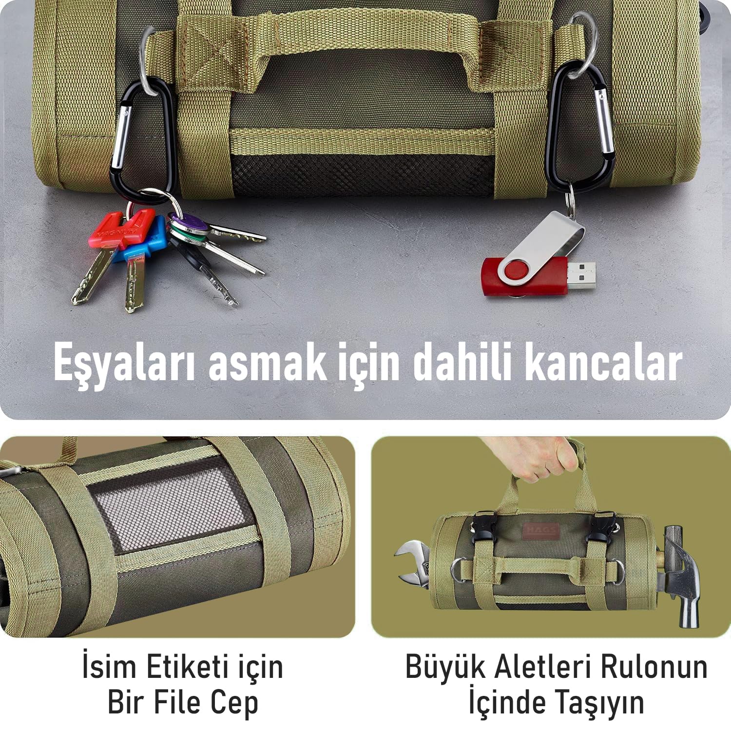 HAEGS Alet Çantası, Ağır Hizmet Tipi Kanvas Rulo Takım Çantası, Katlanabilir Alet Organizer El Çantası, Tamirci Marangoz Teknisyen Hobici Takım Çantası, Alet Takım Anahtar Düzenleyici Çanta Haki