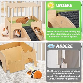 2 Tier Small Animal Hideout with Roof, Stairs and Mats, Large Castle House for Guinea Pigs, Hamsters, Rabbits, Chinchillas (Green)