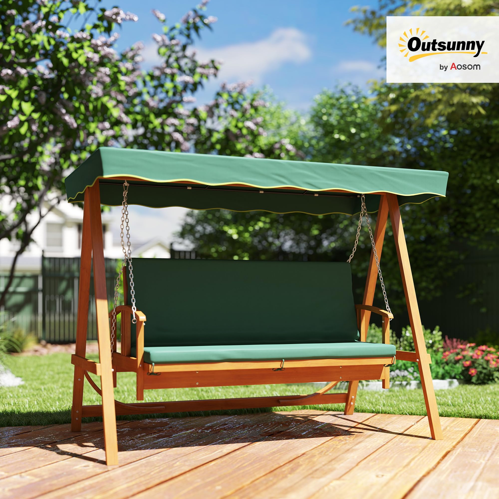 Outsunny Columpio de jardín 2 en 1 con función reclinable, columpio de madera de 3 plazas, columpio de madera con cubierta solar, banco balancín hasta 330 kg, para jardín, terraza, 236 x 130 x 181 cm