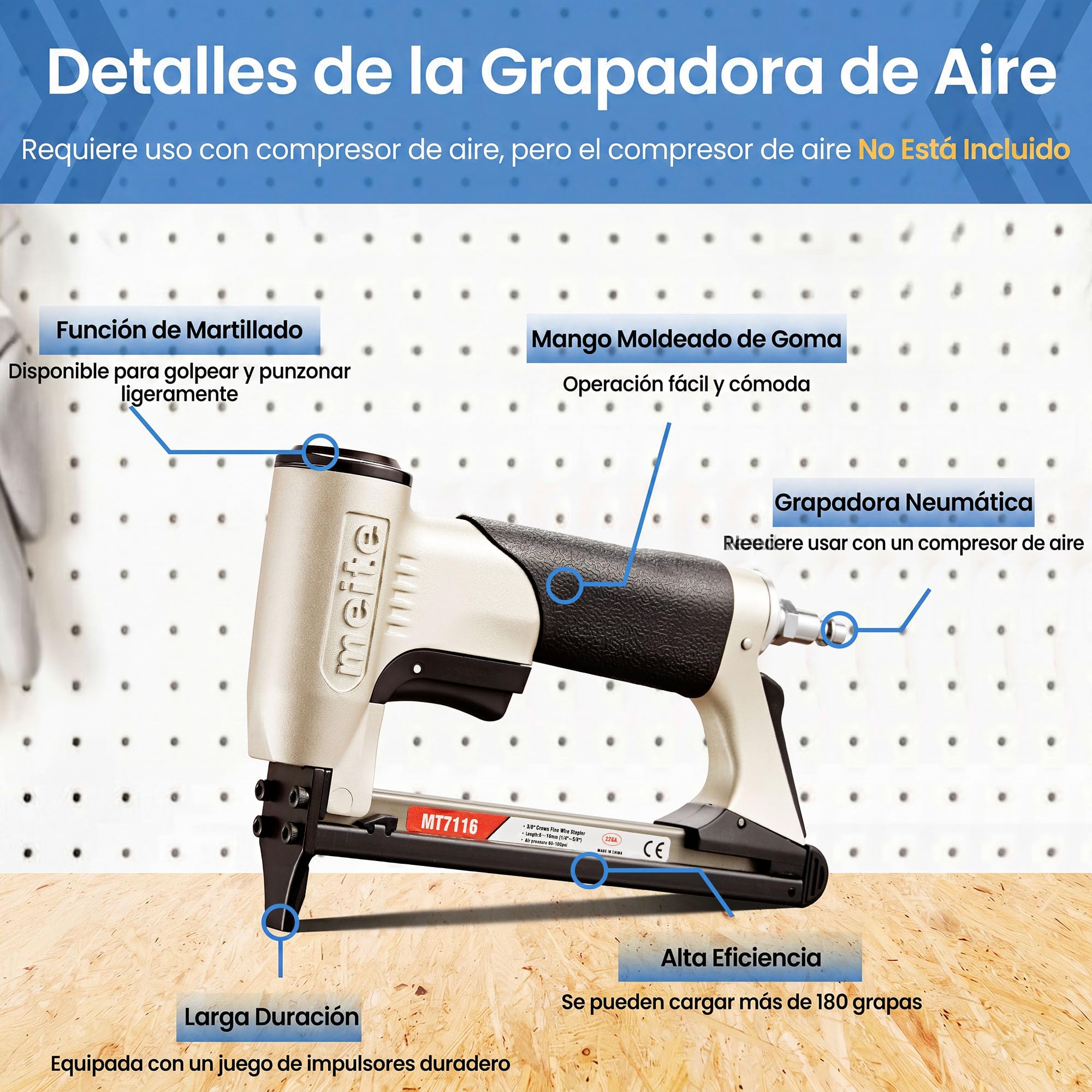 meite MT7116 Grapadora Neumática para Tapicería, Serie 71 Calibre 22, Corona 9,1 mm, Compatible con Grapas de 6 a 16 mm