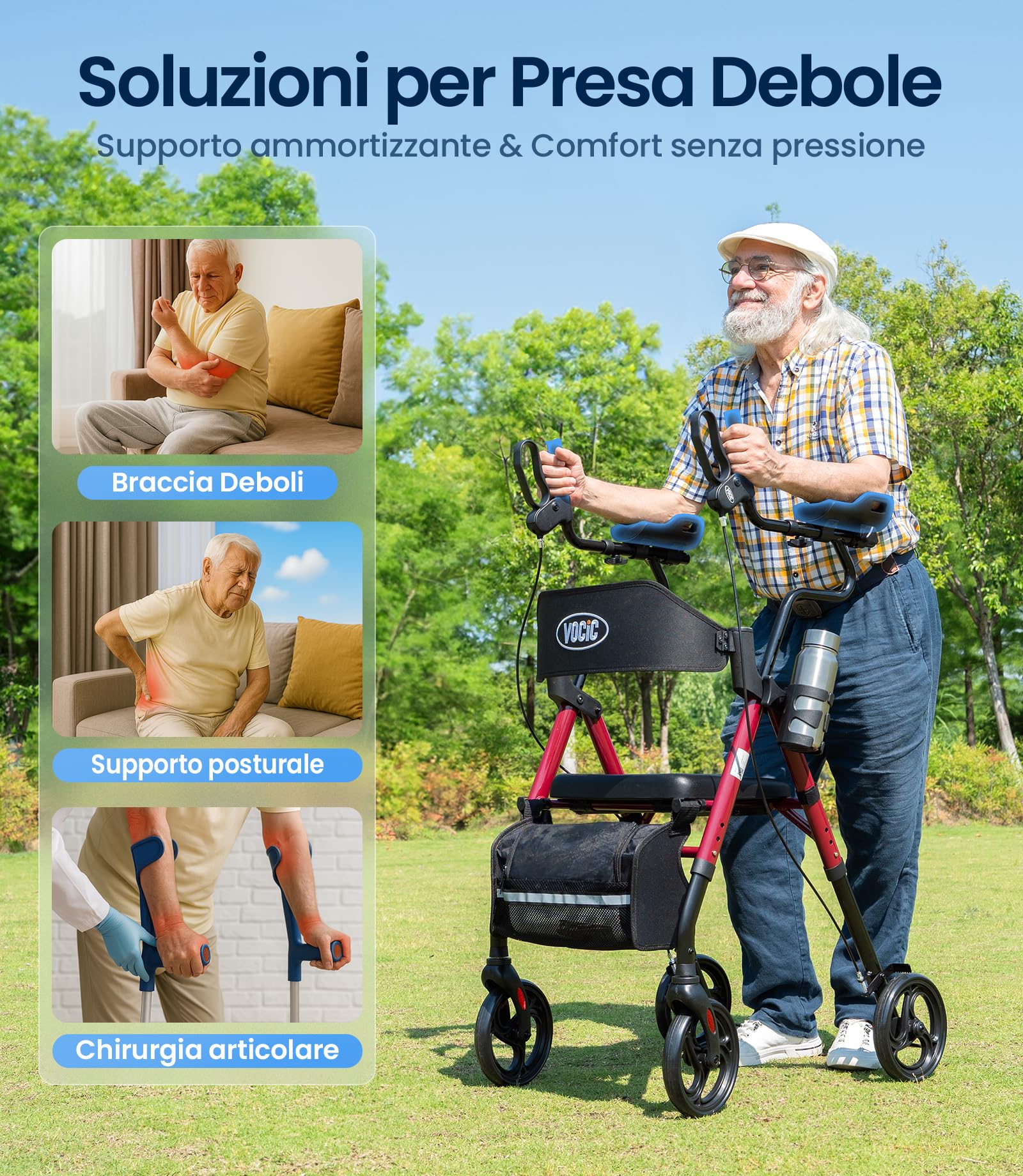 VOCIC Deambulatore pieghevole leggero con seduta,Poggiaavambracci imbottiti | Z22 GelSoft-Walker con braccioli regolabili e portabicchieri,deambulatore per anziani, Ergo-sedile & schienale,Max136kg,rosso