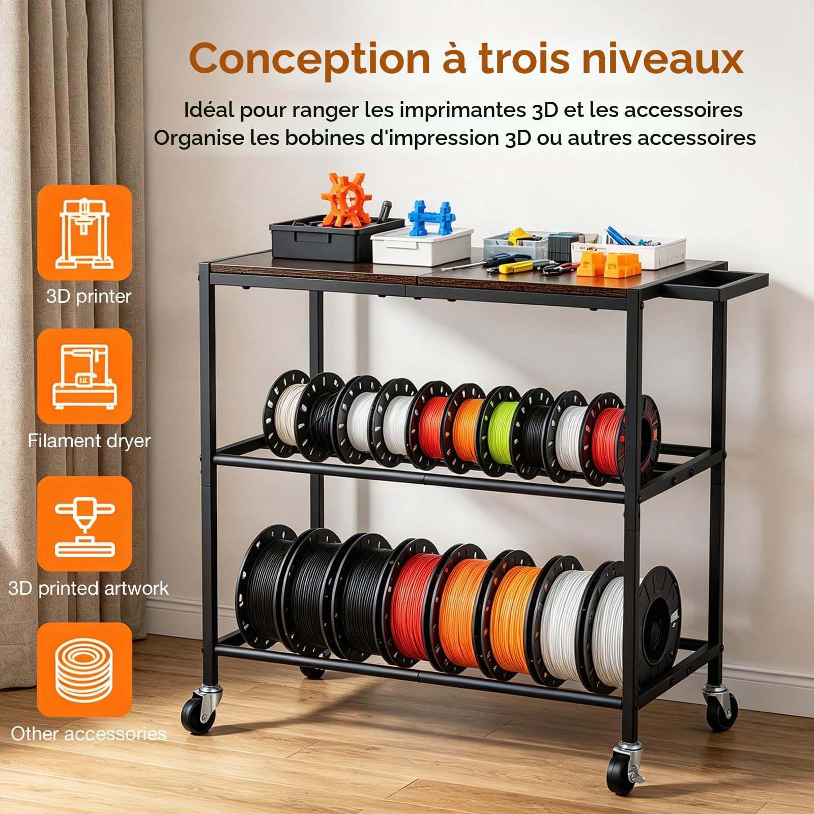 Étagère de Rangement pour Filament 3D, avec Roulettes, Meuble Imprimante 3D Filament, 3 Niveaux, Structure Métallique Robuste, Capacité 52 Bobines, Table Pour Imprimante 3D Filament pour Atelier