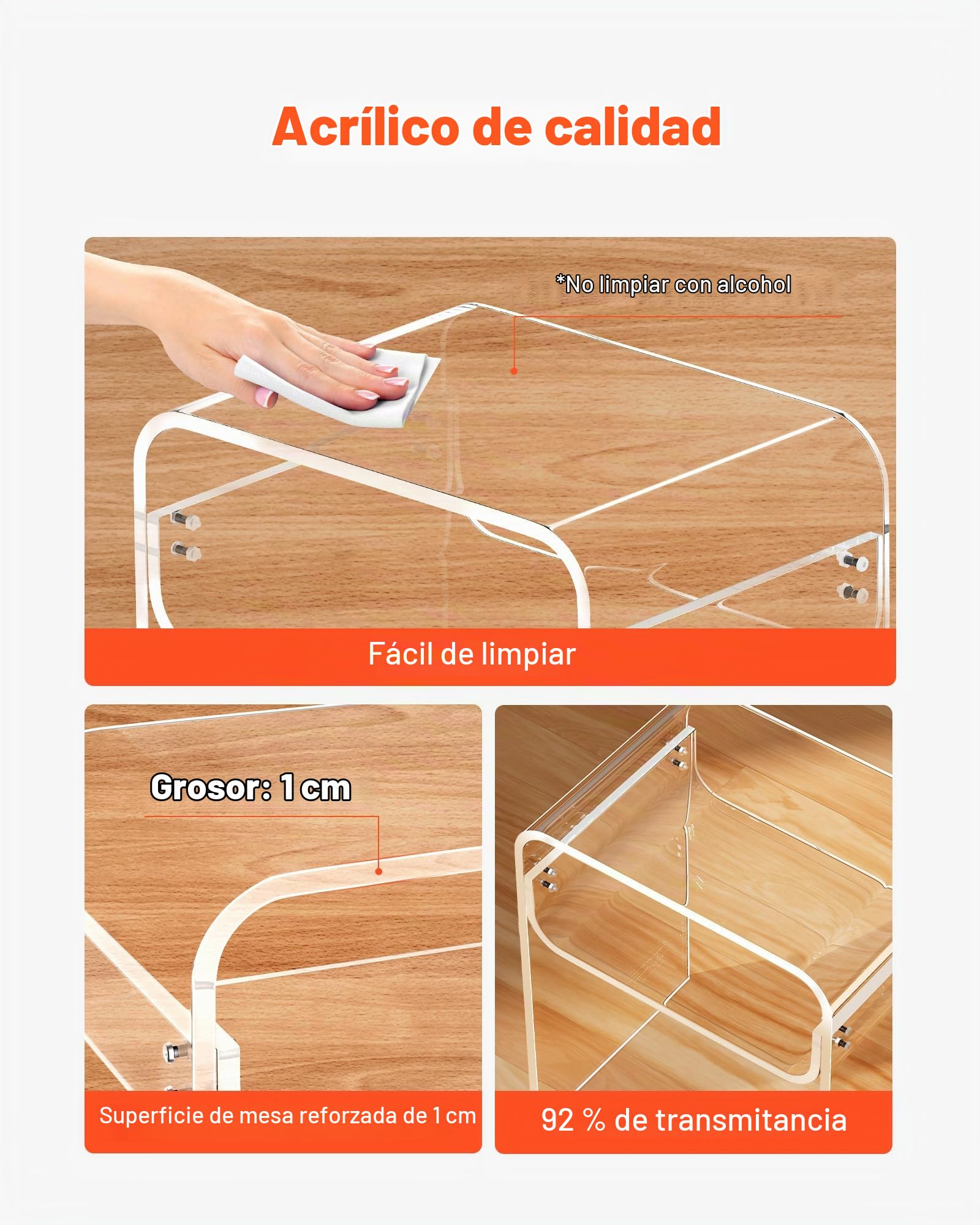 VEVOR Mesa Auxiliar de Acrílico Transparente 30 x 40 x 50 cm, Mesita de Noche de 2 Niveles con Estante, Mesa de Centro Rectangular Estable para Sala de Estar, Dormitorio, Comedor, Oficina, Salón