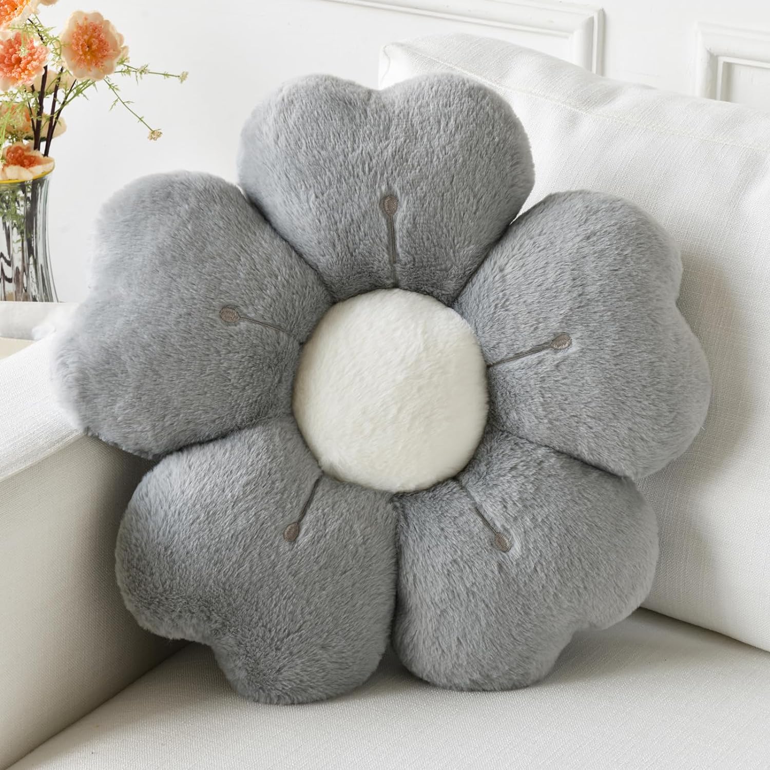 Flower Pillow, Flower Shaped Pillow Decorative Throw Pillows for Bed Couch, Cute Daisy Pillow Dorm Decor Floor Seating Cushion (Grey, 15 Inches)