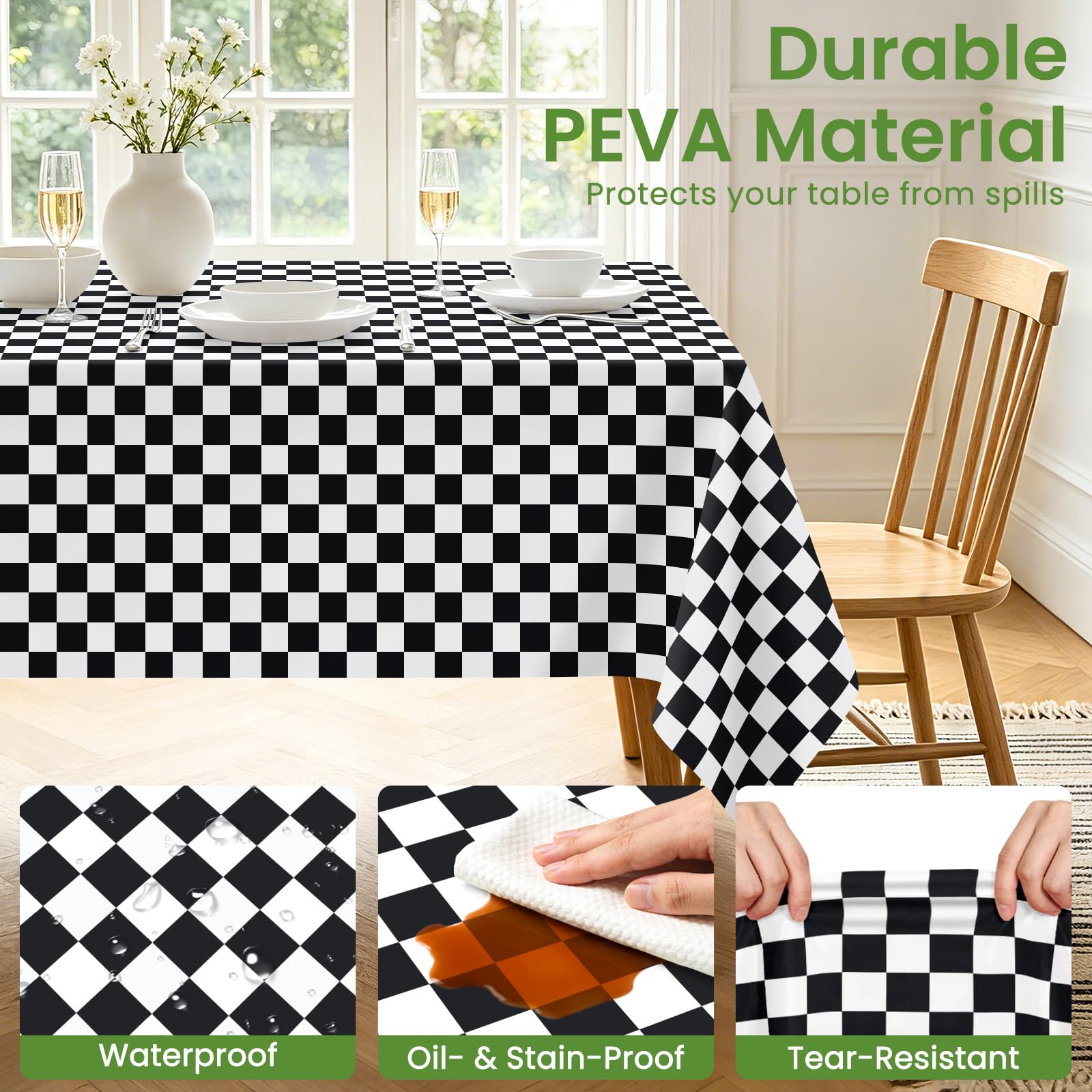 Paquete de 6 manteles a cuadros en blanco y negro, manteles de plástico para fiestas, desechables, 54 x 108 pulgadas, mantel impermeable con bandera a cuadros negros para cumpleaños, fiestas,