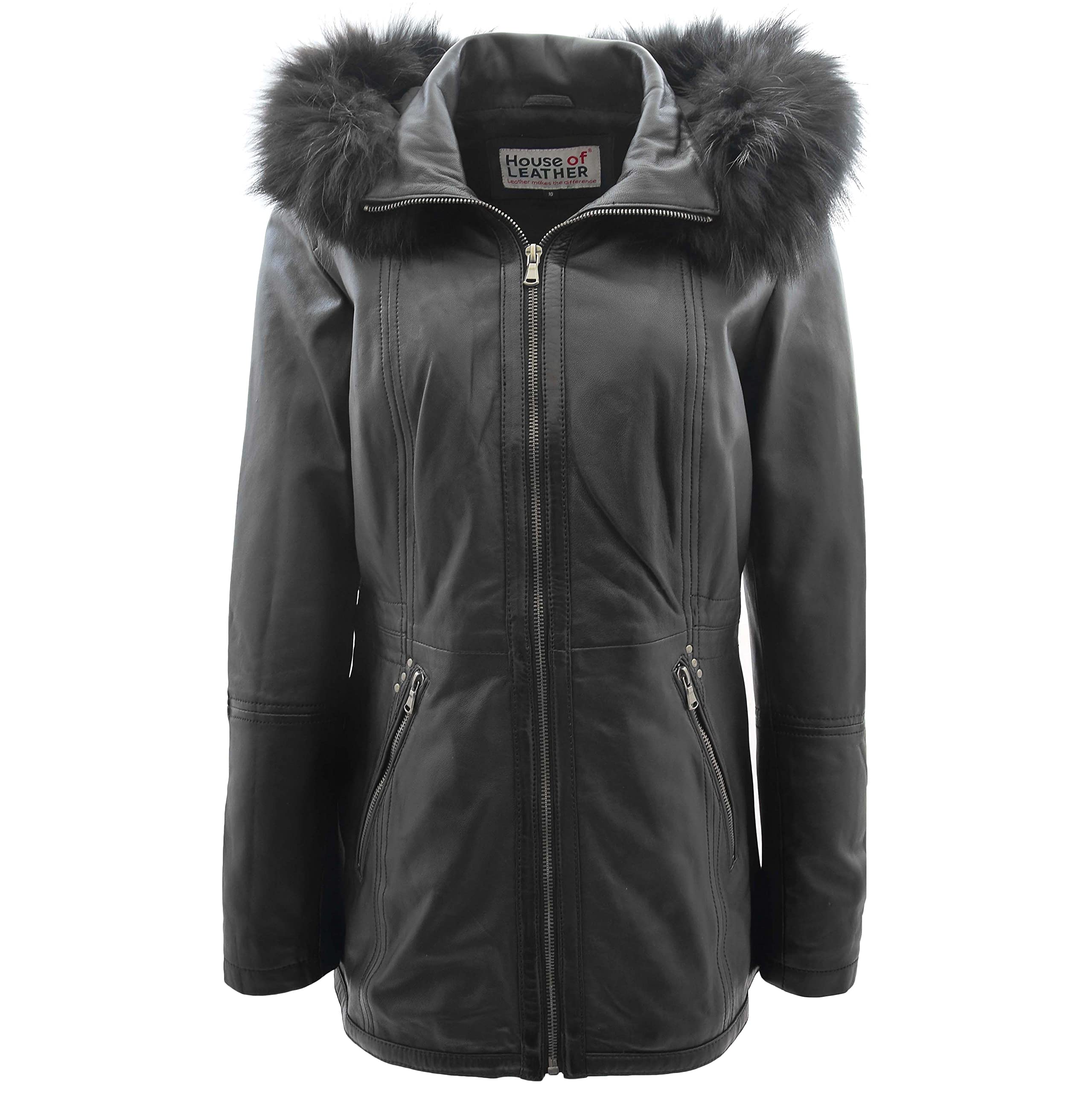 House Of Leather Women's Black Real Leather Mid Length Coat Hoody Fleur 18