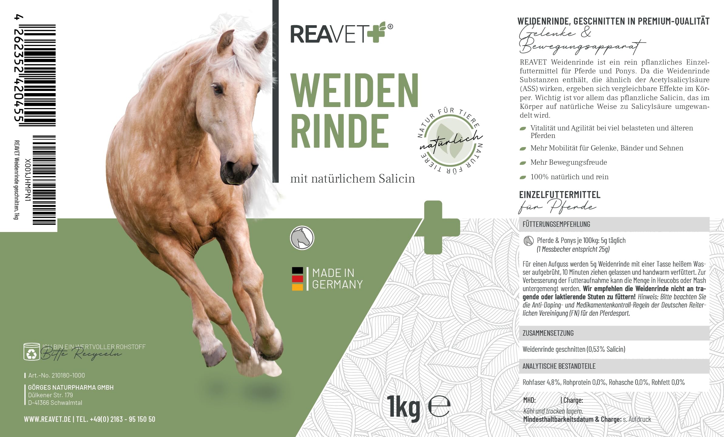 ReaVET Weidenrinde geschnitten für Pferde 1kg – Naturrein in Premiumqualität, Unterstützt Gelenke, Immunsystem & oxidativen Stress I Salicin I Aus Silberweide Rinde, Ohne Zusätze